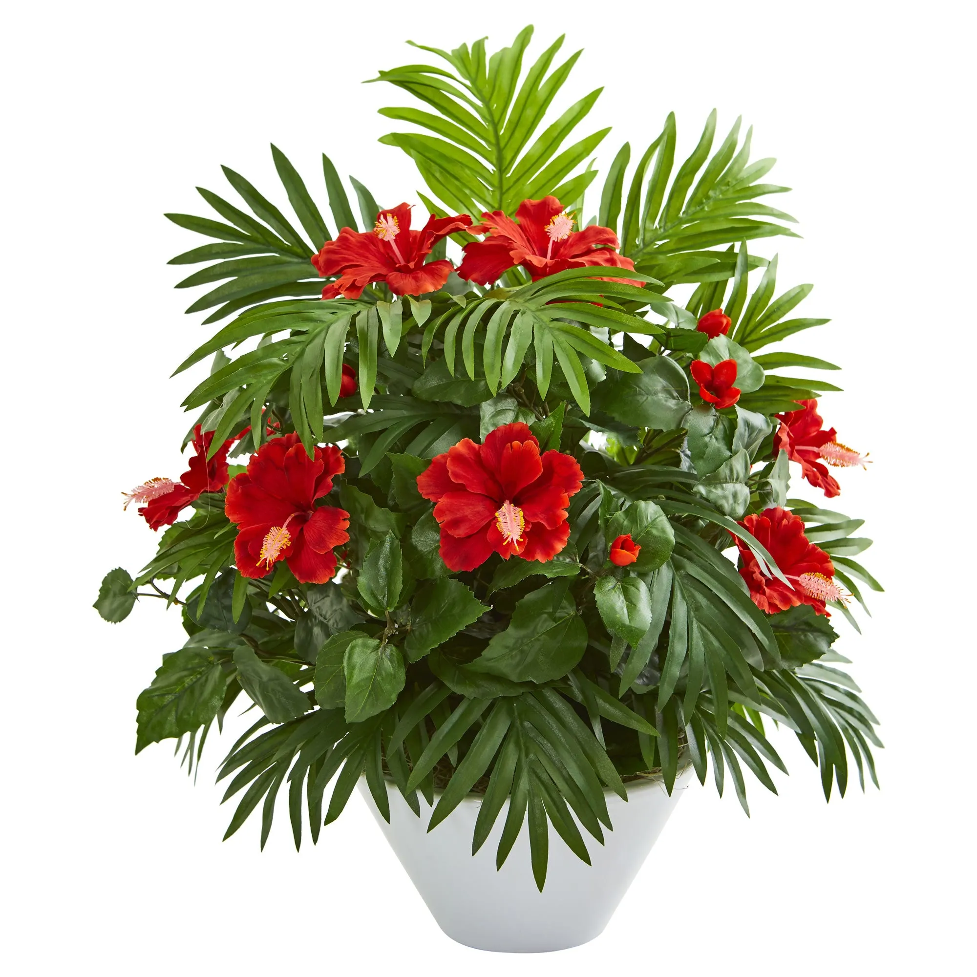 27" Artificial Hibiscus and Areca Palm Plant in White Bowl - Low Maintenance, Life-Like & Vibrant Silk Plants For Busy People.