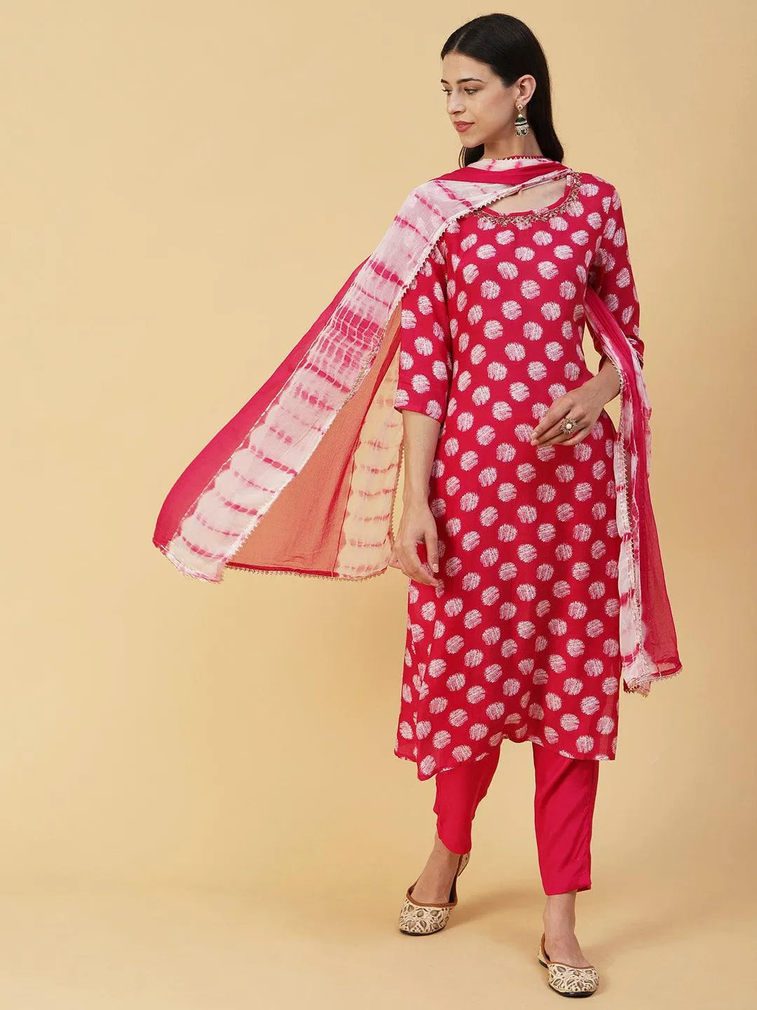 Abstract Printed & Hand Embroidered Straight Kurta with Pant & Dupatta - Magenta