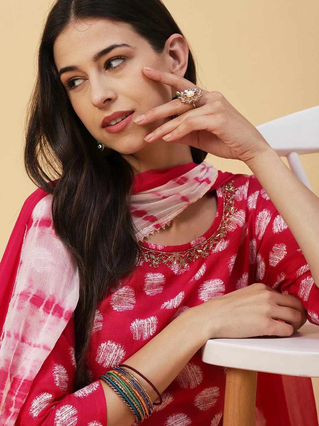 Abstract Printed & Hand Embroidered Straight Kurta with Pant & Dupatta - Magenta