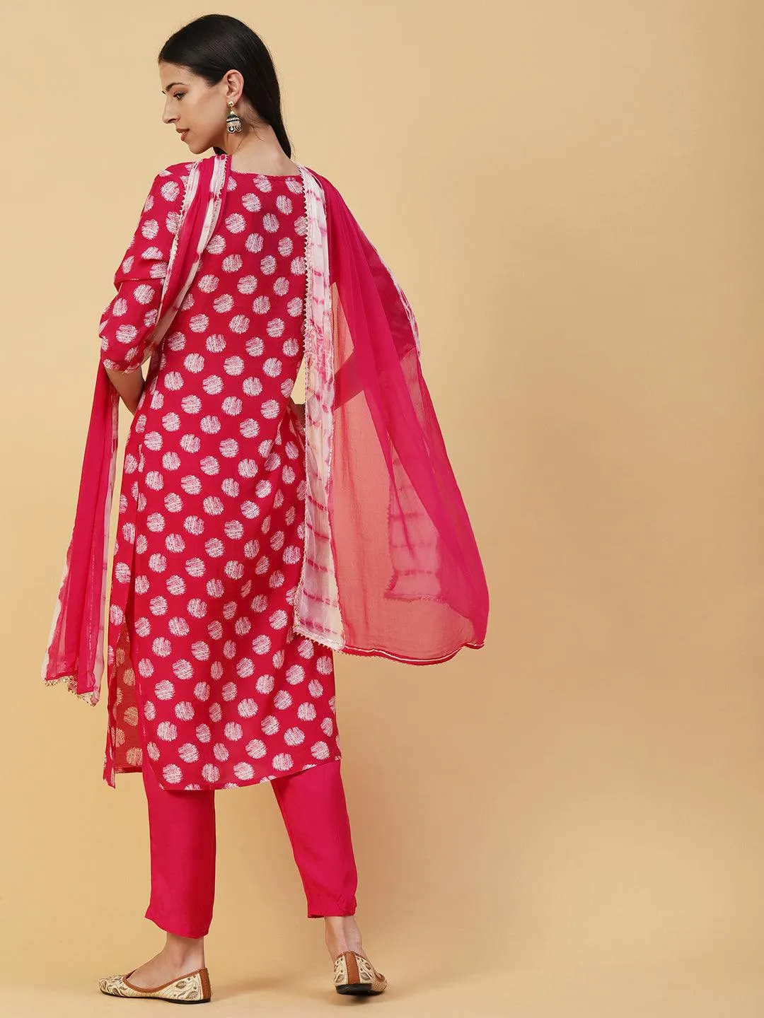 Abstract Printed & Hand Embroidered Straight Kurta with Pant & Dupatta - Magenta