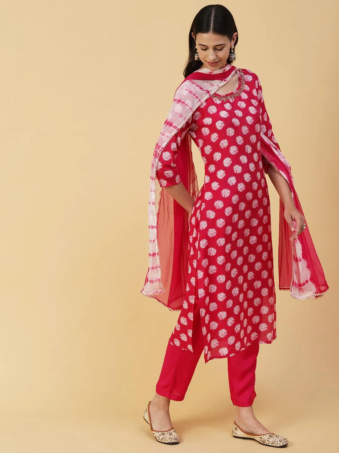 Abstract Printed & Hand Embroidered Straight Kurta with Pant & Dupatta - Magenta