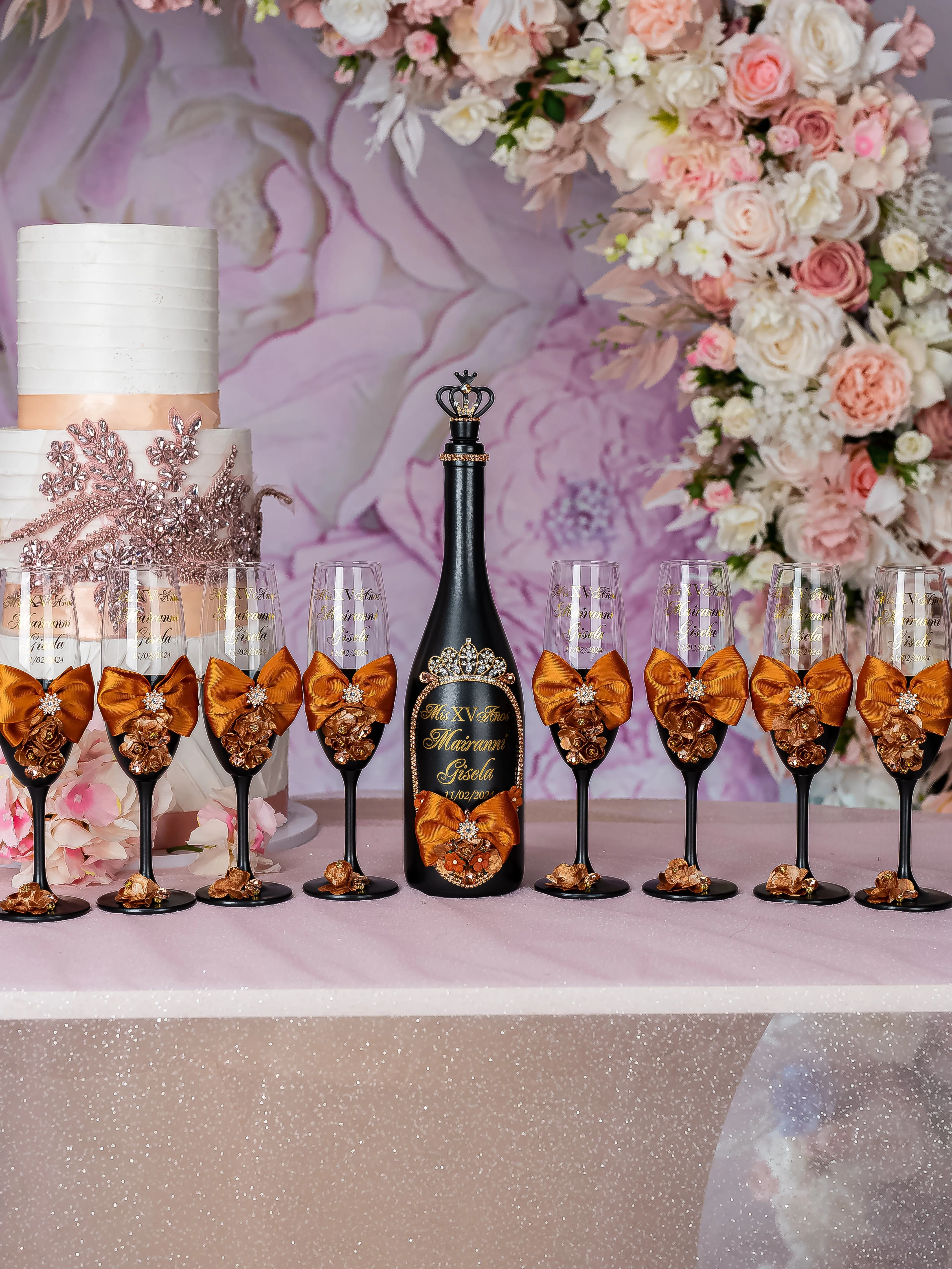 Black burnt orange quinceanera bottle with 2 glasses