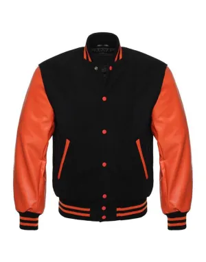 Black Varsity Jacket Womens with Orange Leather Sleeves