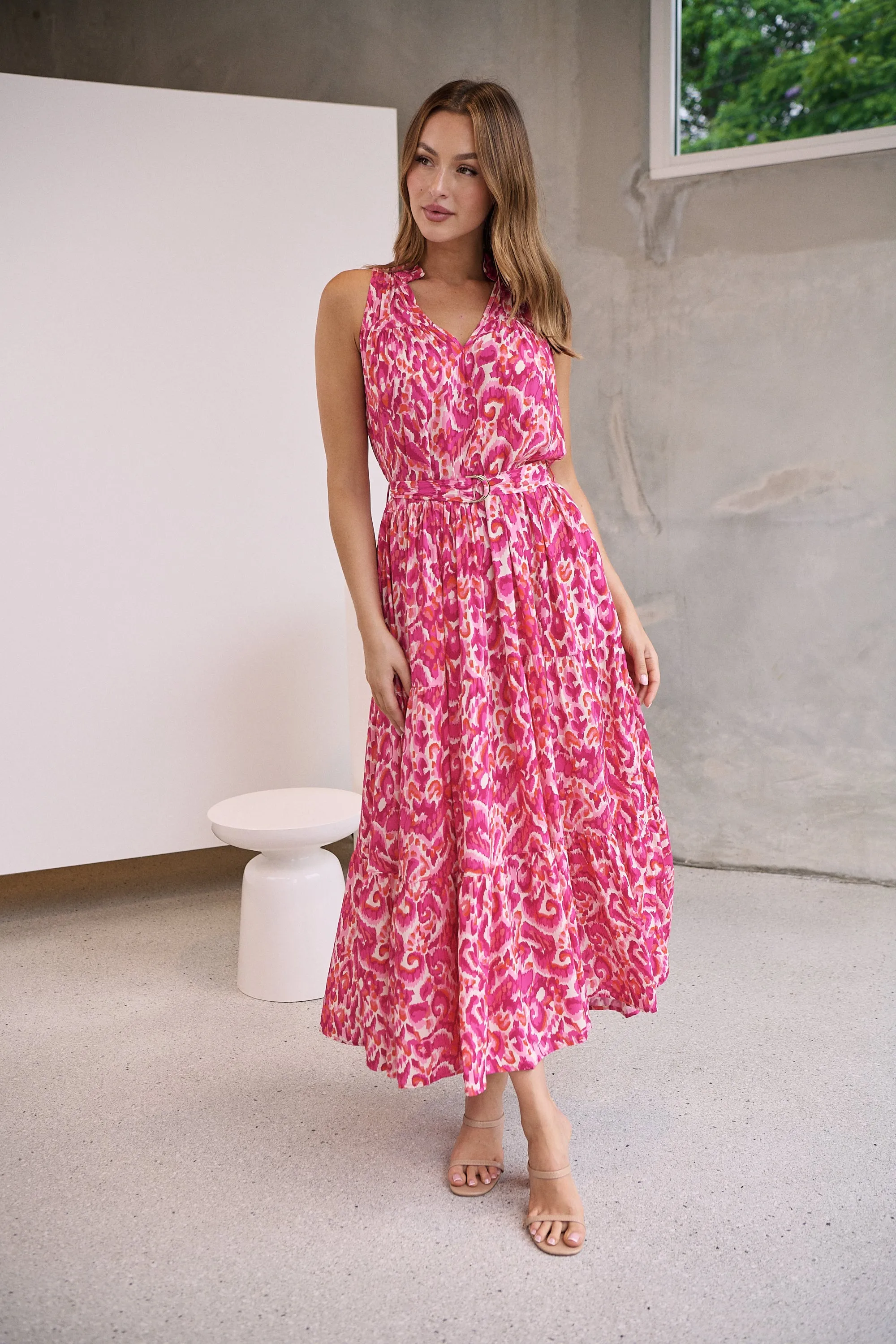 Cosima Long Pink/Orange Print Collared Maxi Dress