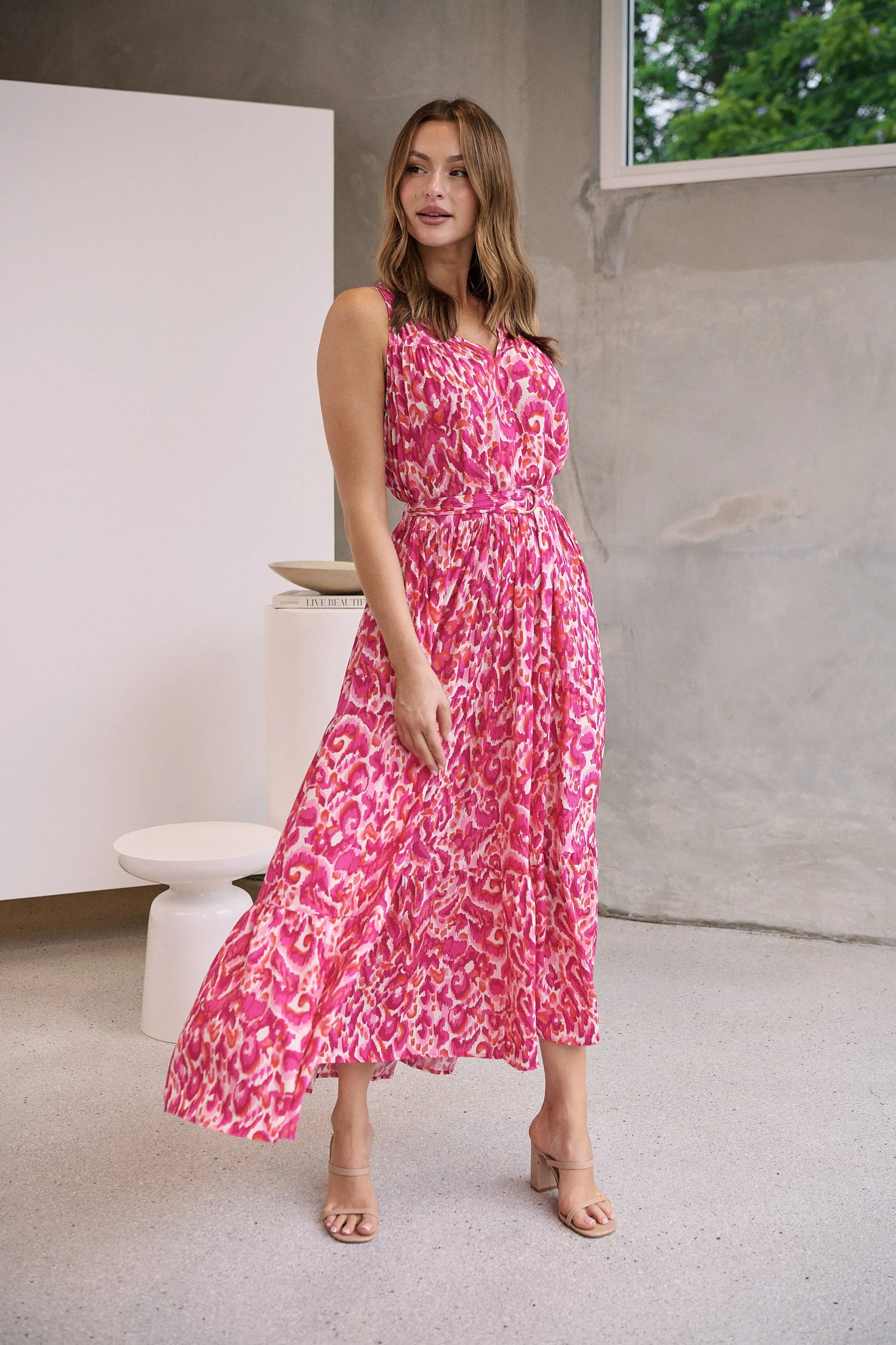 Cosima Long Pink/Orange Print Collared Maxi Dress