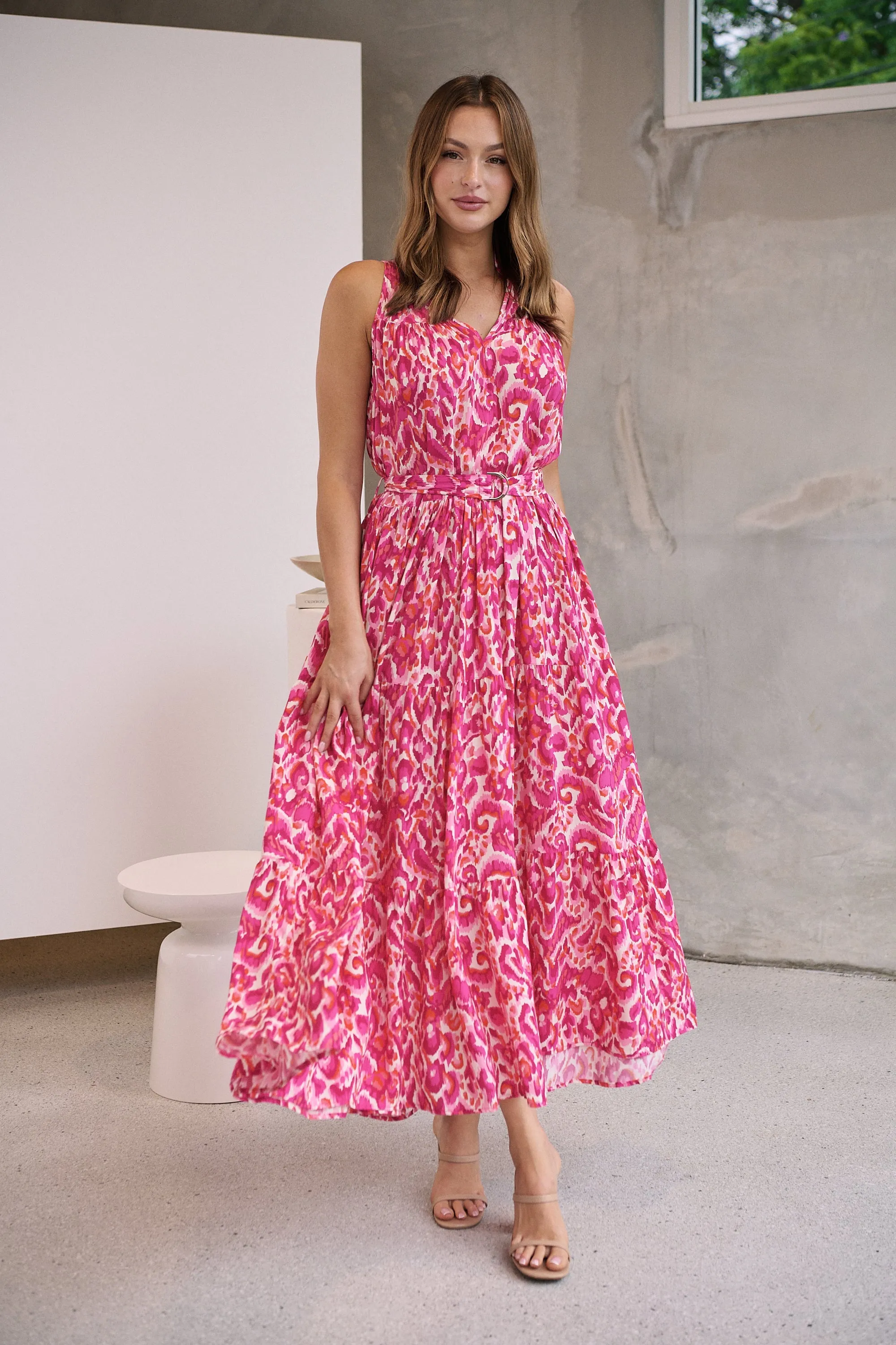 Cosima Long Pink/Orange Print Collared Maxi Dress