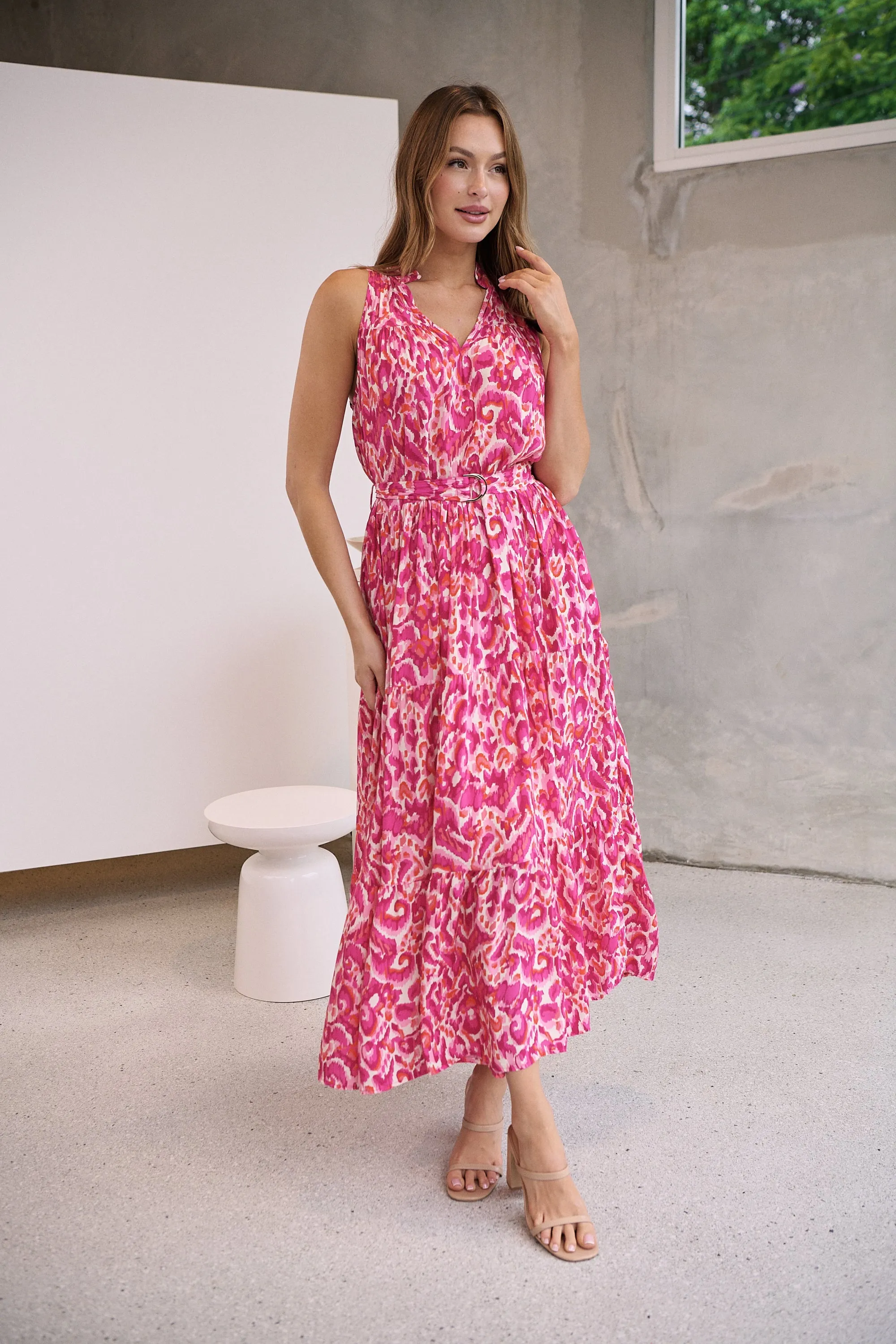 Cosima Long Pink/Orange Print Collared Maxi Dress