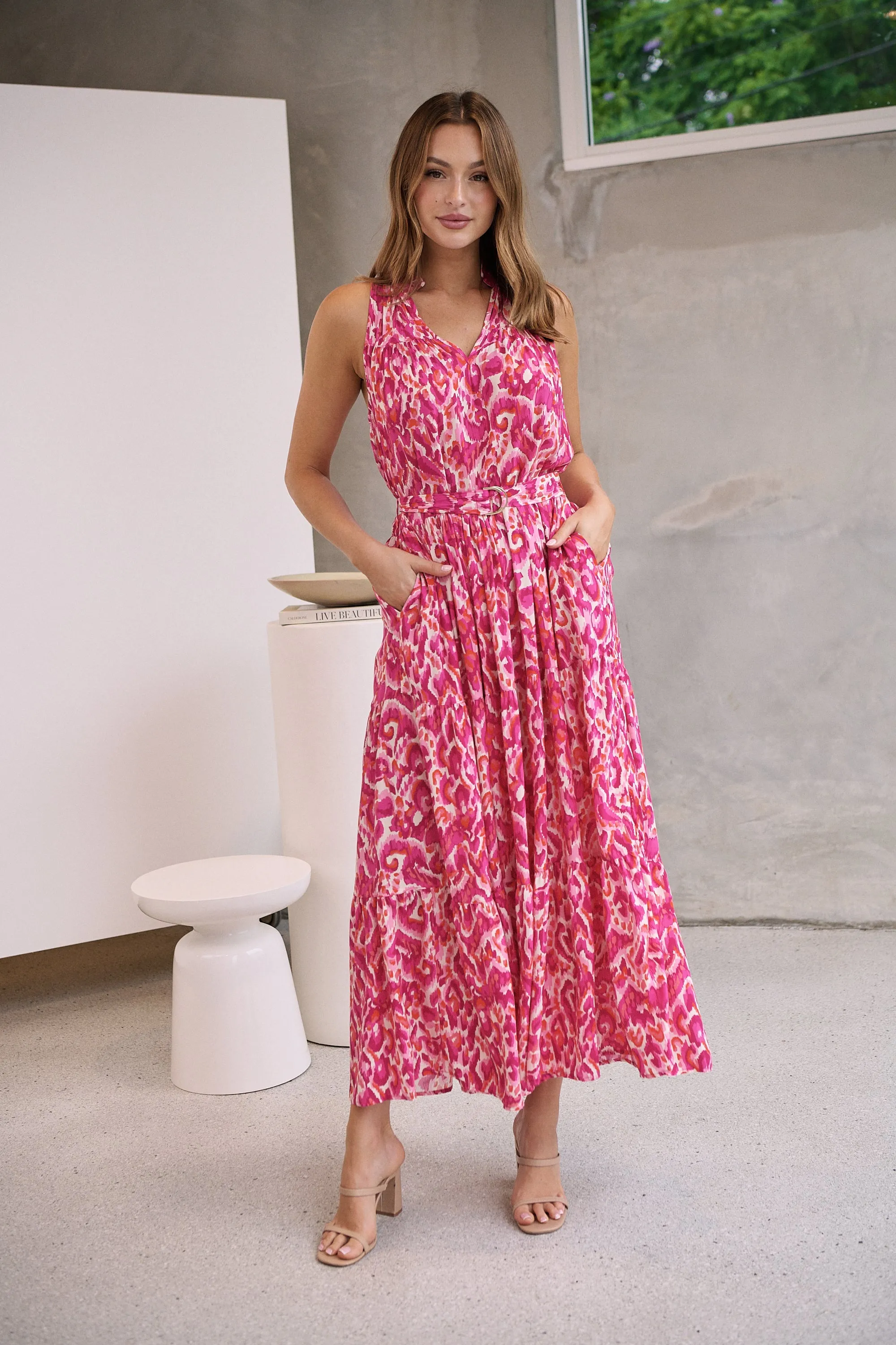 Cosima Long Pink/Orange Print Collared Maxi Dress