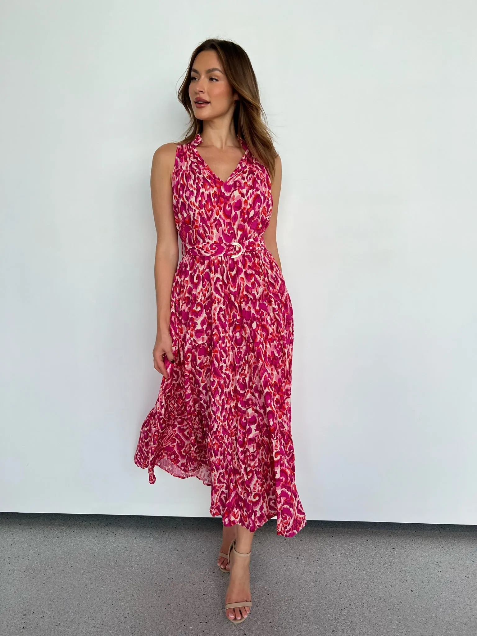 Cosima Long Pink/Orange Print Collared Maxi Dress