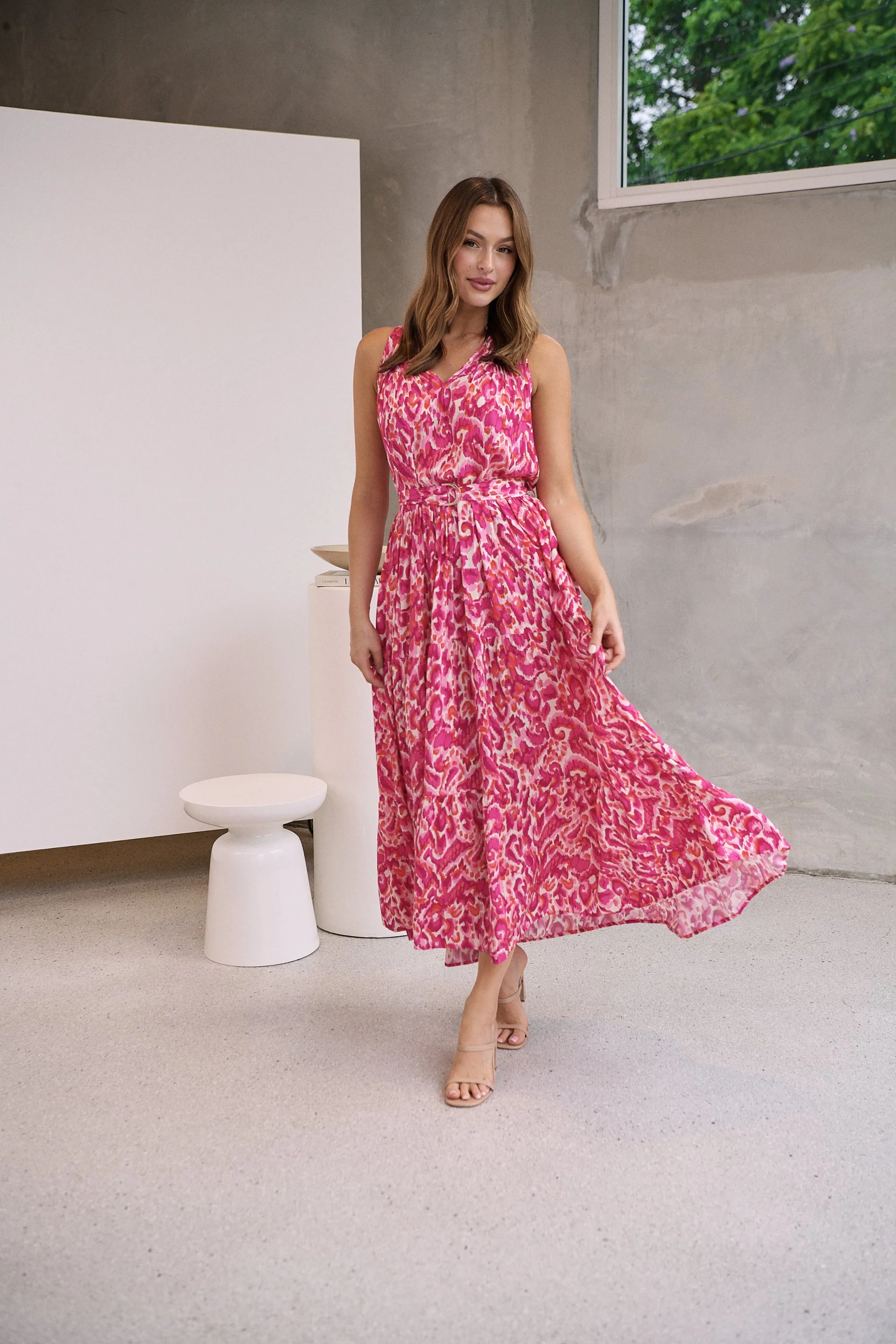 Cosima Long Pink/Orange Print Collared Maxi Dress