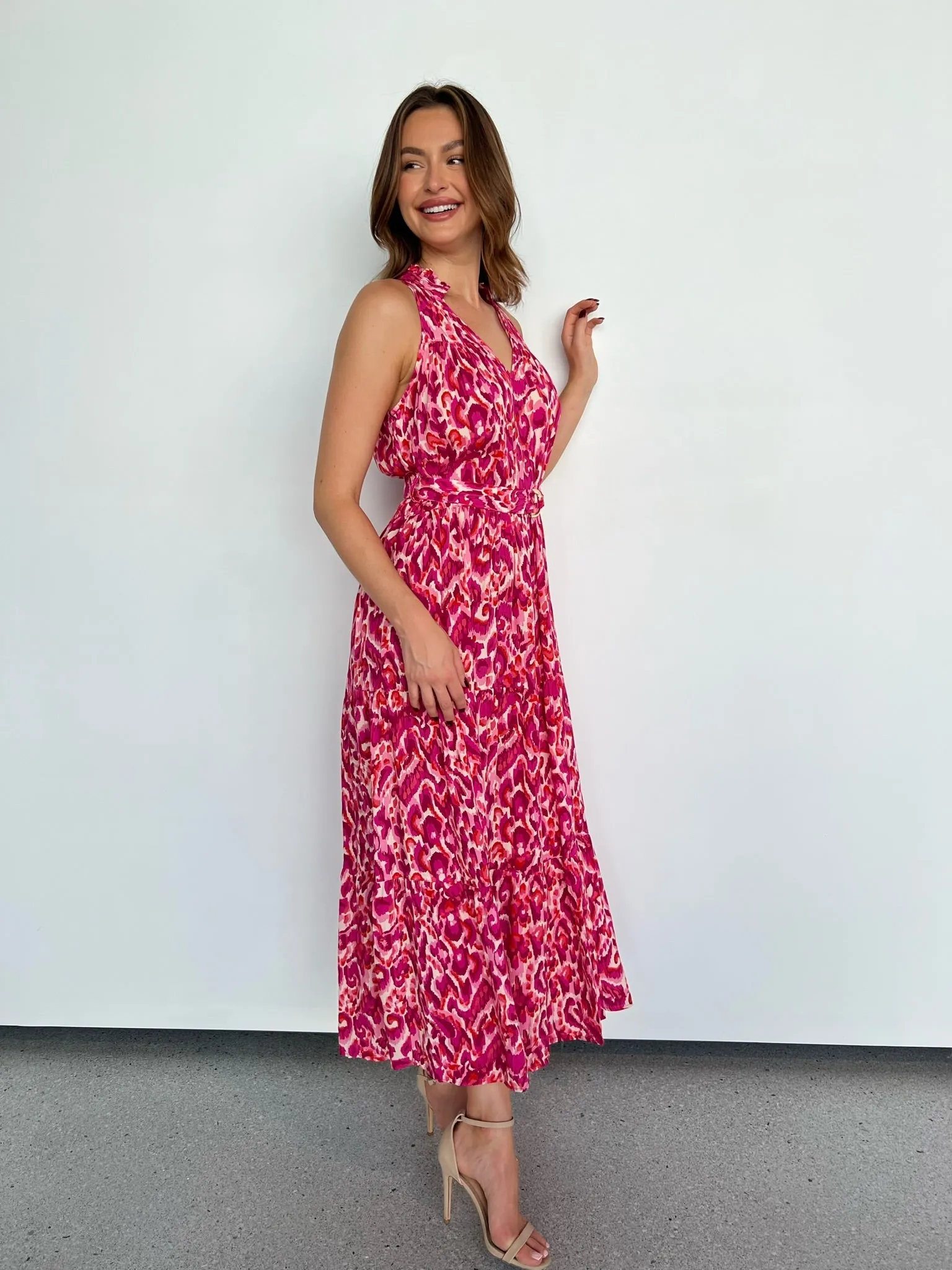 Cosima Long Pink/Orange Print Collared Maxi Dress