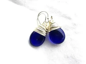 Dark blue Czech glass teardrop and silver wrapped earrings. Sterling silver small jewelry.