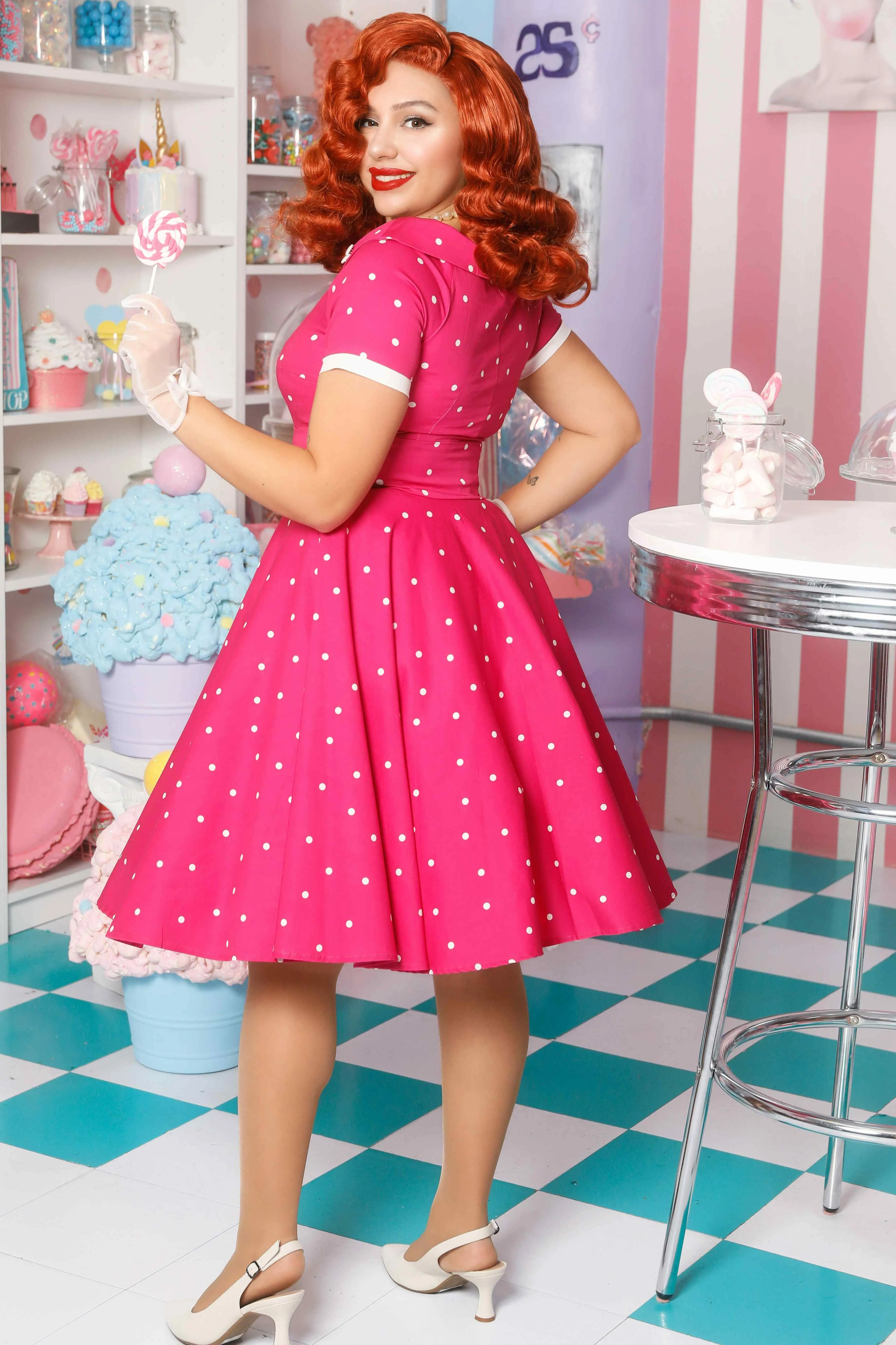 Darlene Hot Pink Polka Dot Swing Dress