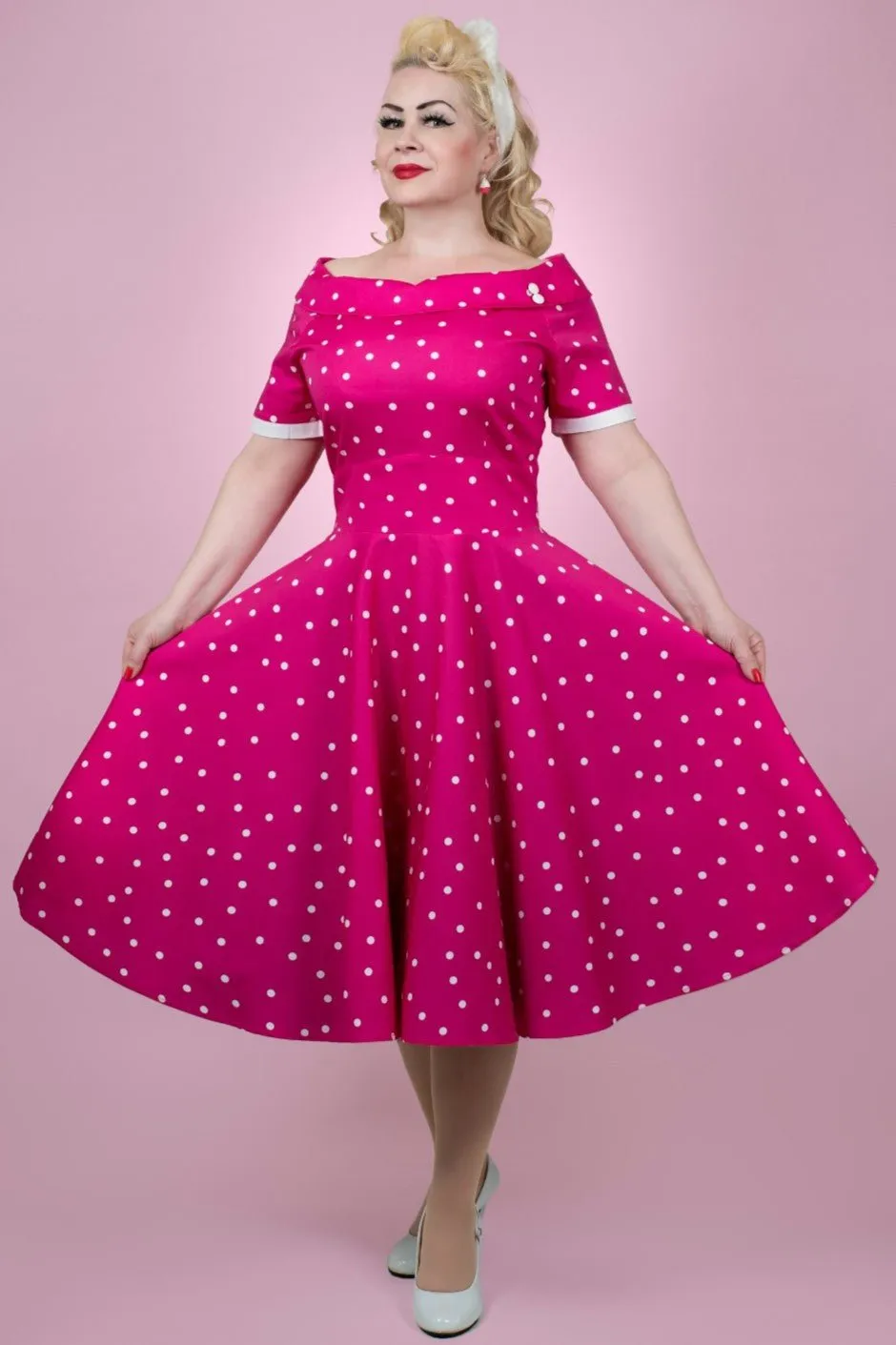 Darlene Hot Pink Polka Dot Swing Dress