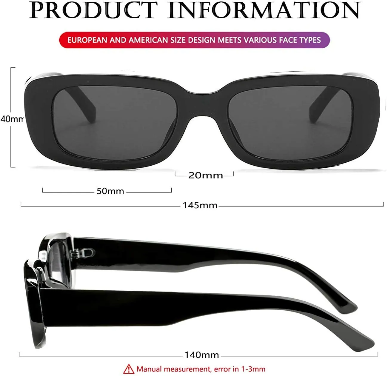 ELEGANTE Rectanglular Sunglasses for Women Retro Driving Sunlgasses Vintage Fashion Narrow Square Frame UV400 Protection (C1 - BLACK)