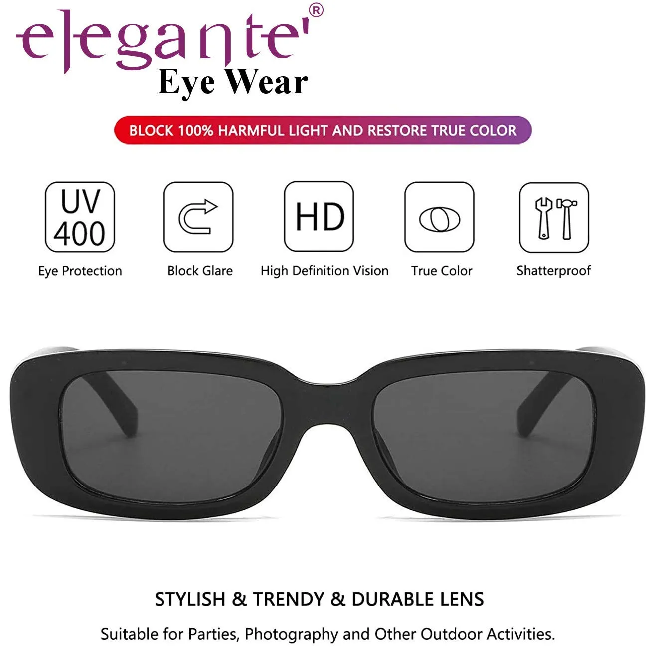 ELEGANTE Rectanglular Sunglasses for Women Retro Driving Sunlgasses Vintage Fashion Narrow Square Frame UV400 Protection (C1 - BLACK)