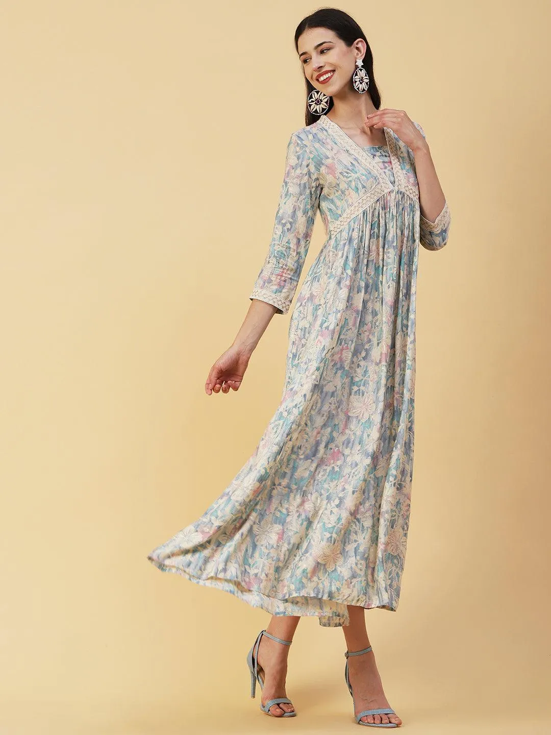 Floral Printed Crochet Zari Lace Embellished Empire Maxi Dress - Blue