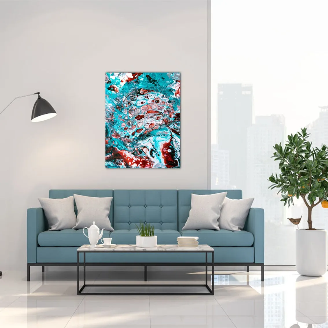 Framed vertical blue & teal abstract wall art print