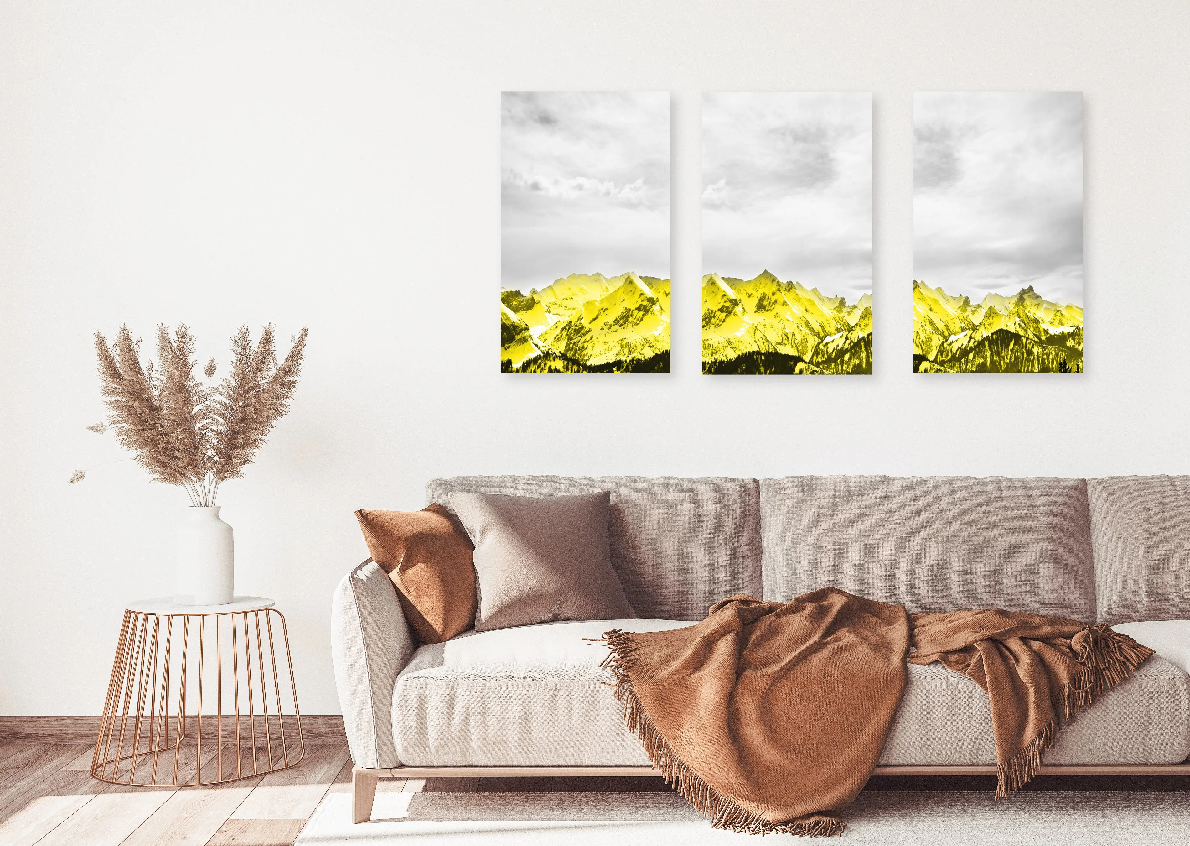 Gold mountains wall art, set of 3 prints canvas paintings, wall pictures mountains, nature wall art, mountain art print