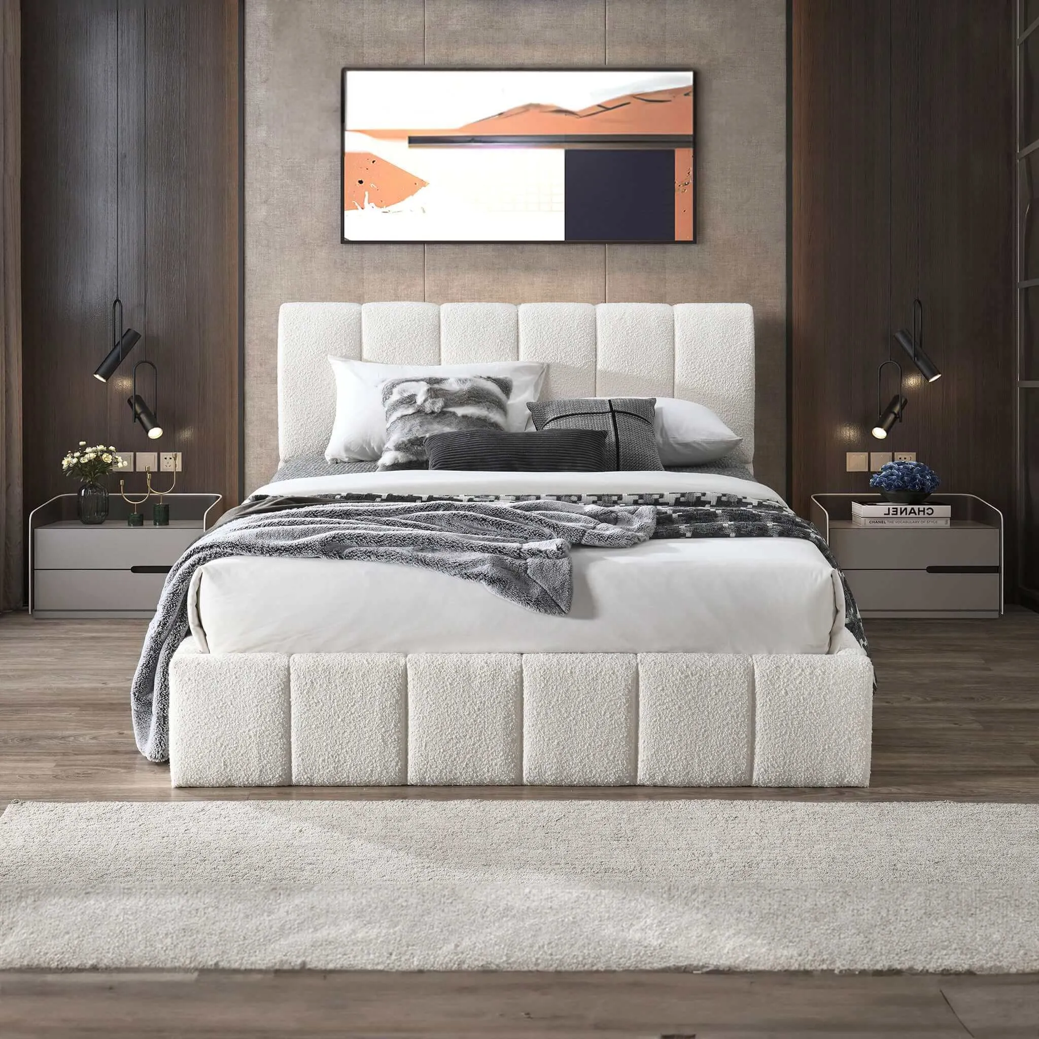 Hilar  White Boucle Platform Bed Queen