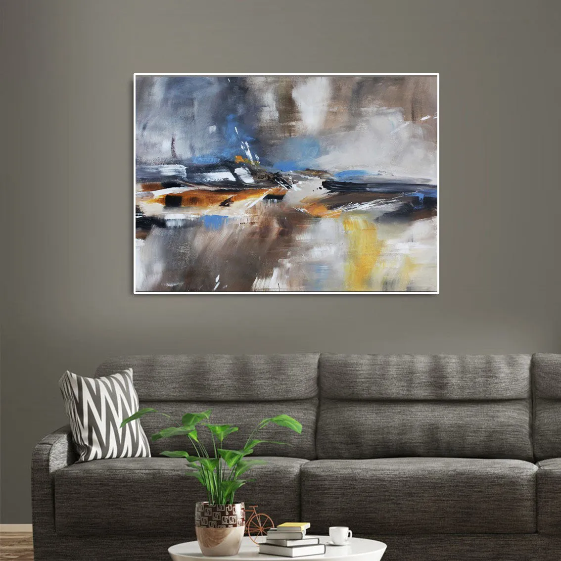 Horizontal neutral & orange abstract wall art print