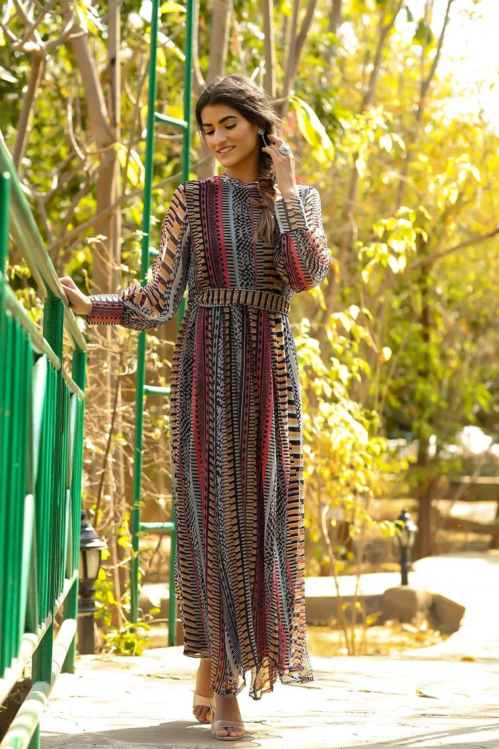 Jashvi Black Abstract Printed Chiffon Flared Maxi Dress With Buttons.