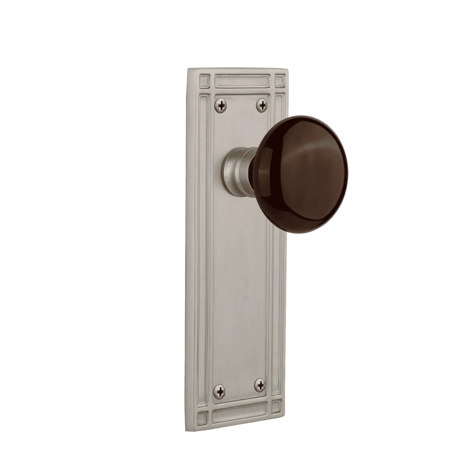 Mission Long Plate with Brown Porcelain Knob in Satin Nickel