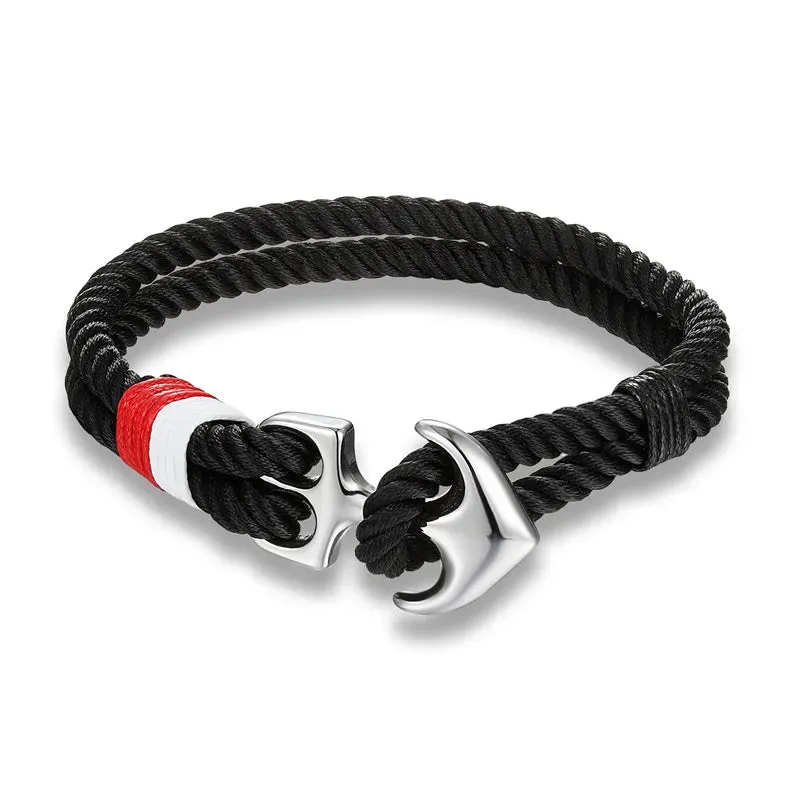 MKENDN Anchor Bracelets Men Double strand Nautical Surfer Waterproof Rope Bracelet Women Black Stainless Steel Sport Buckle