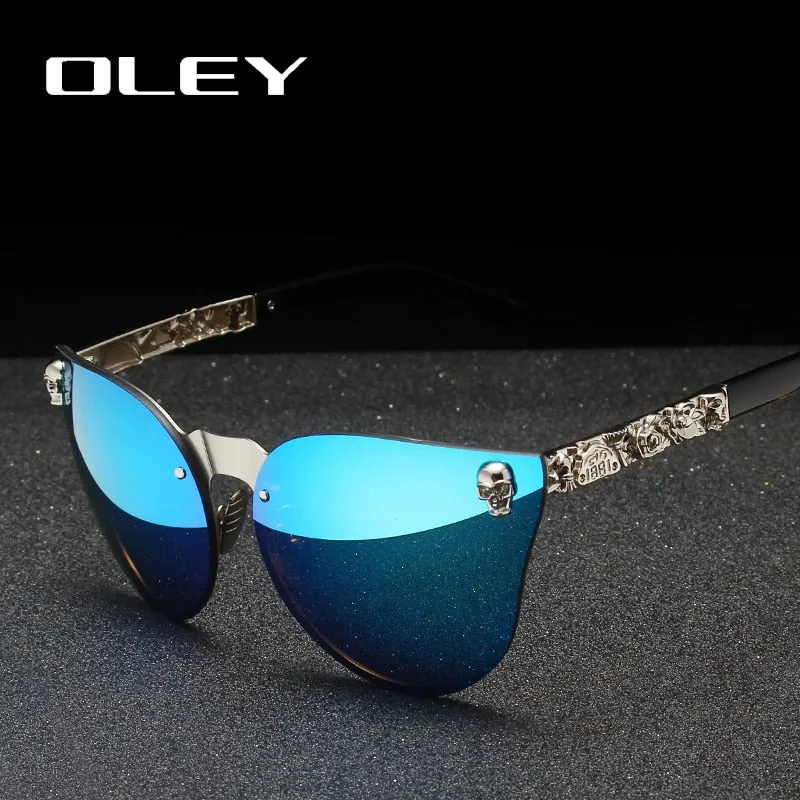 Oley Luxury Brand Women Gothic Mirror Sunglasses Skull Frame Metal Temple Y7001