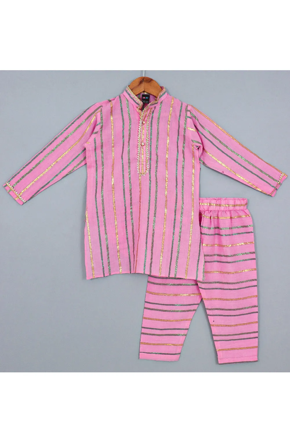 Pink Lace Detailing Cotton Lurex Kurta With Pyjama Set