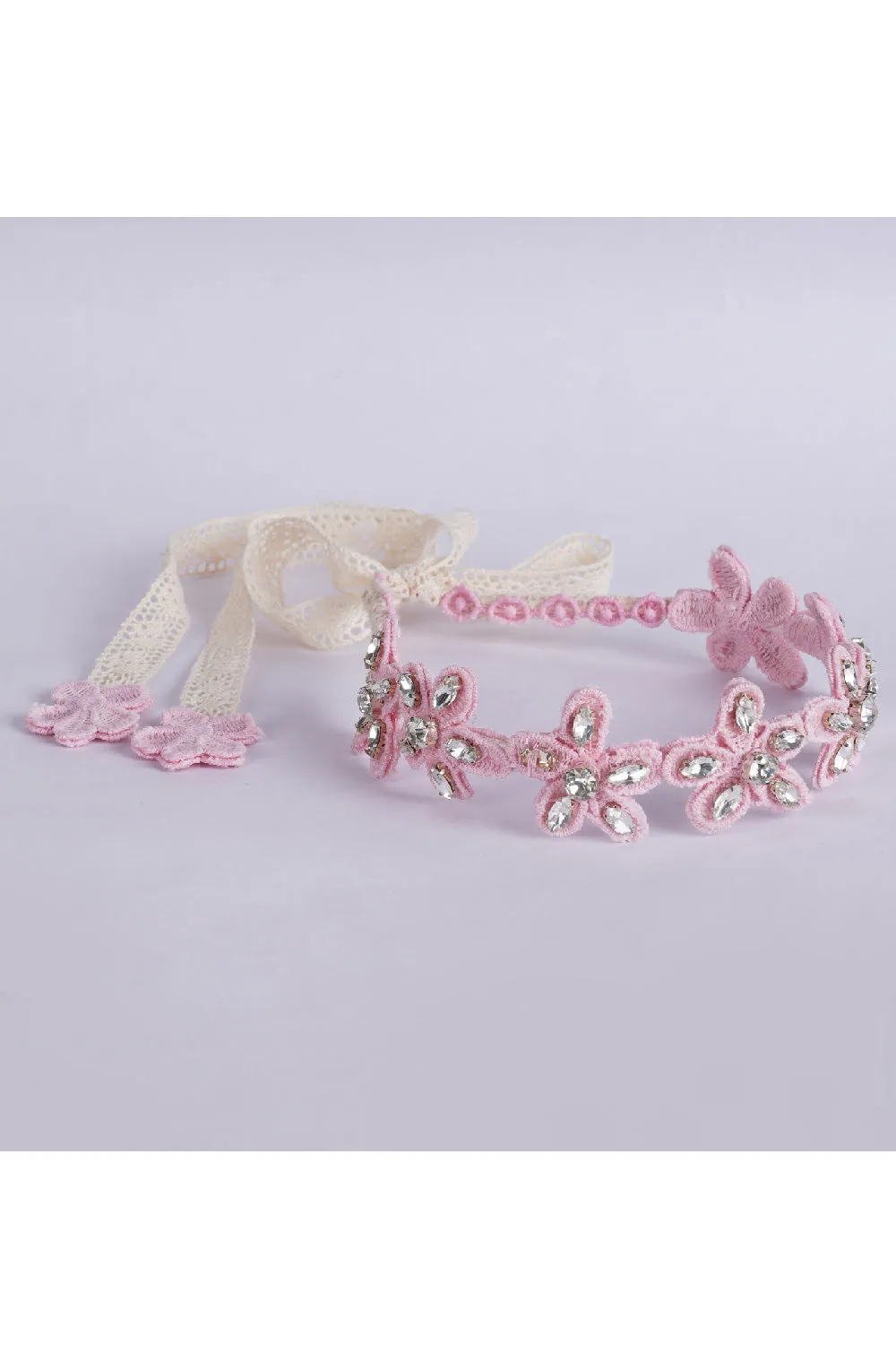 Pink Stones Embellished Floral Tie-Down Hairband