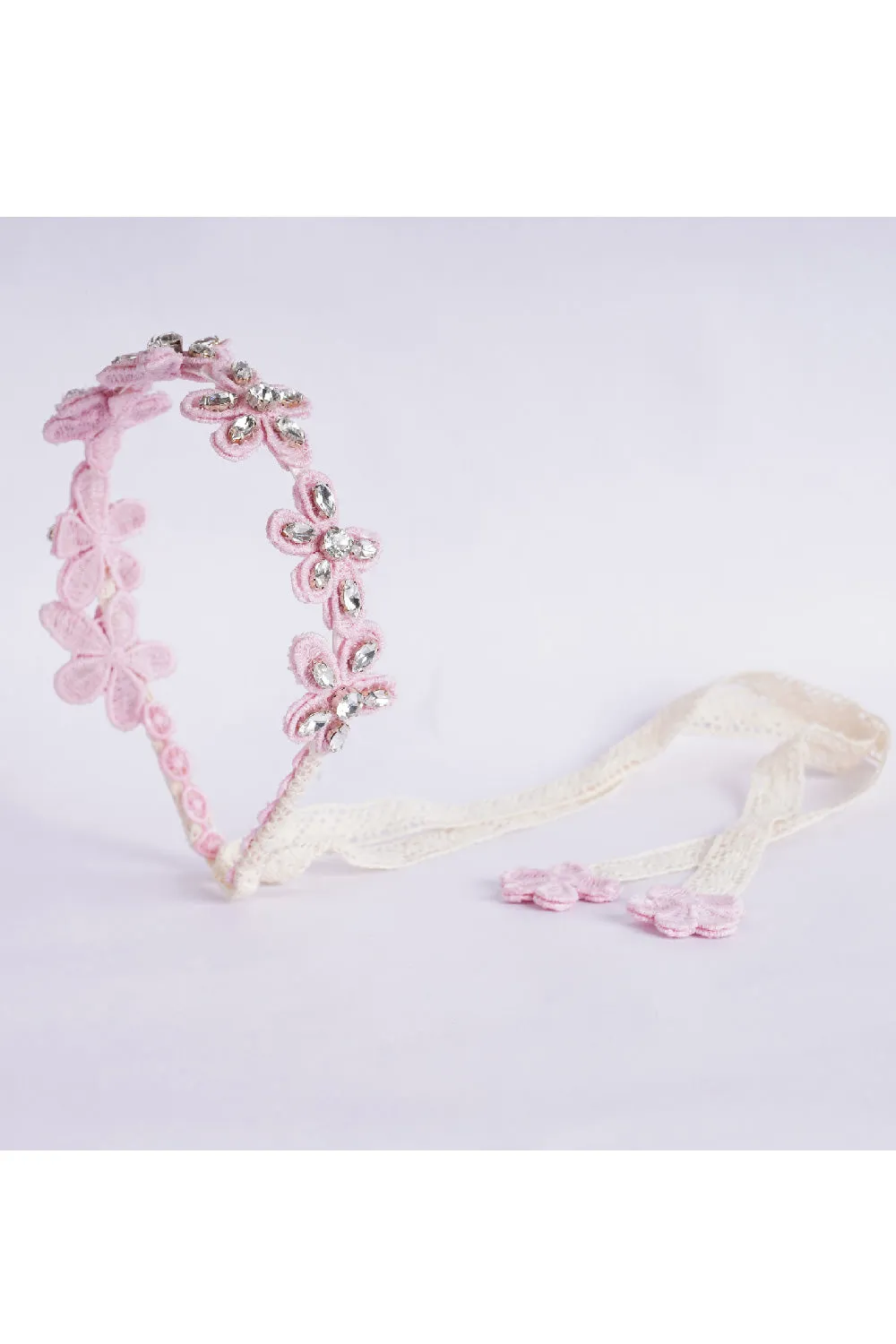 Pink Stones Embellished Floral Tie-Down Hairband