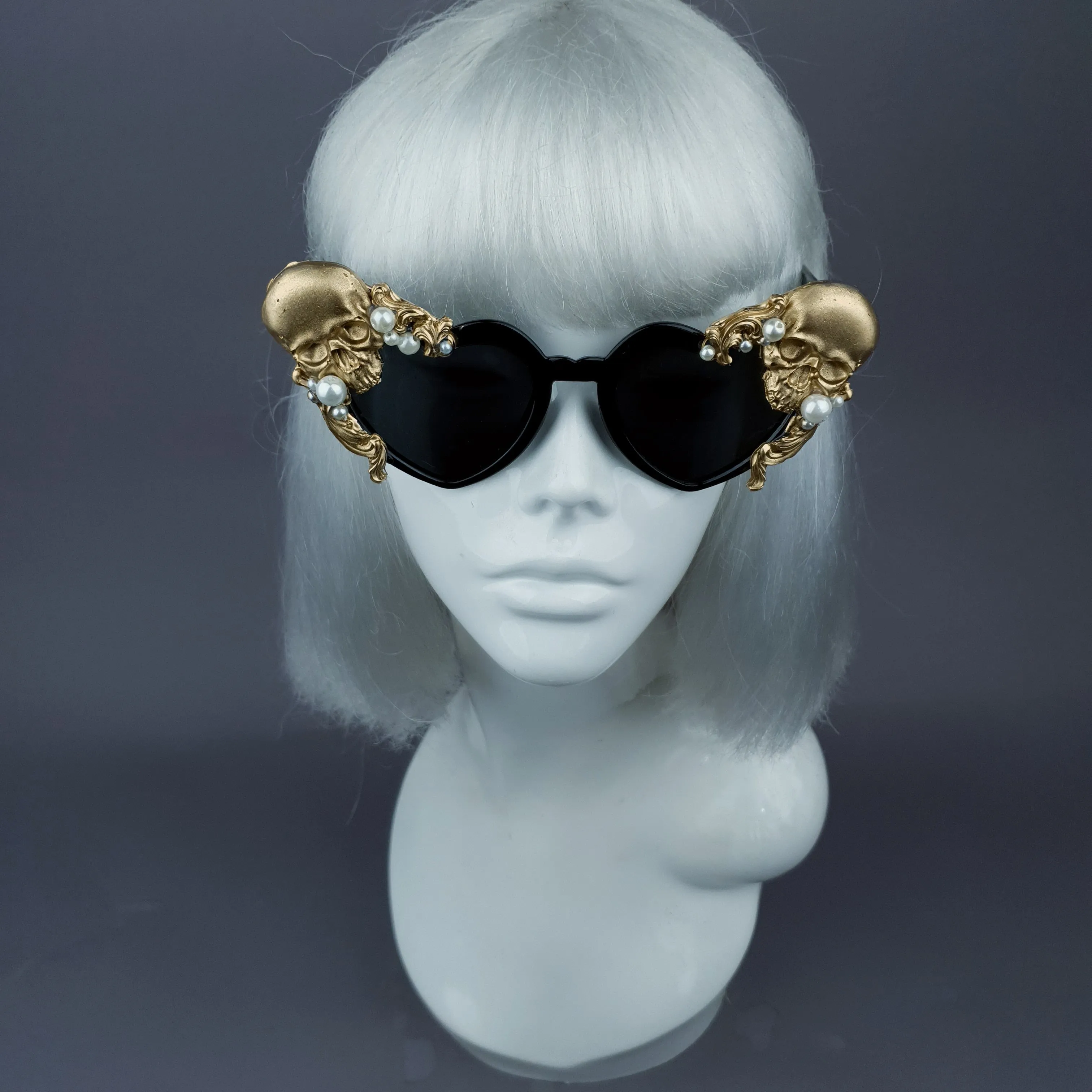 "Doom" Gold & Pearl Skull Black Heart Shaped Sunglasses