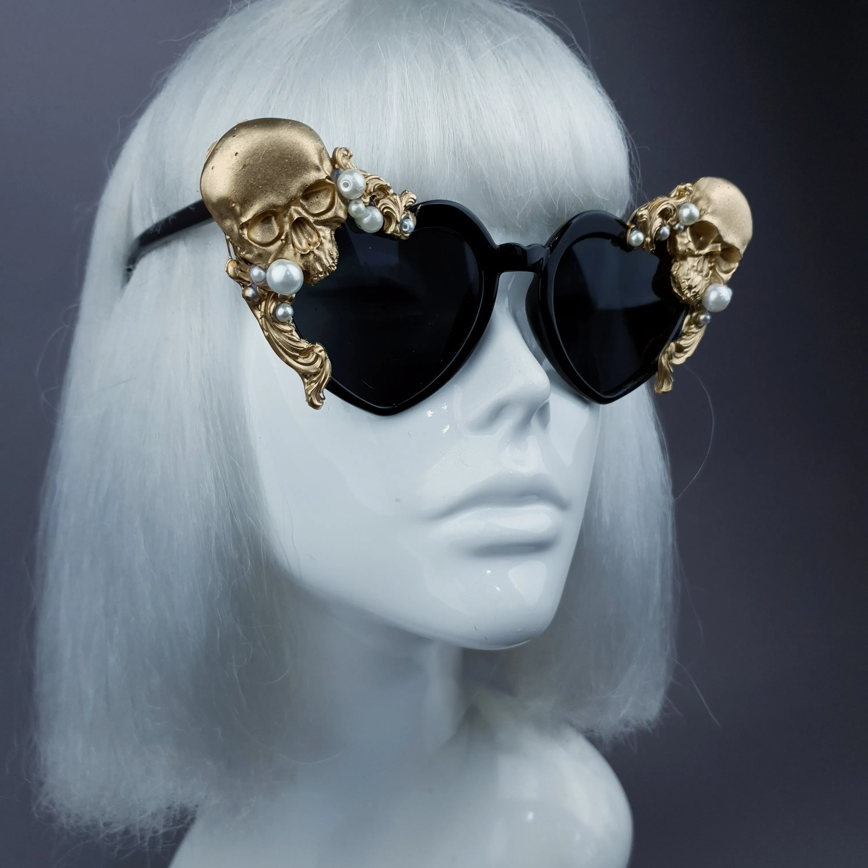 "Doom" Gold & Pearl Skull Black Heart Shaped Sunglasses