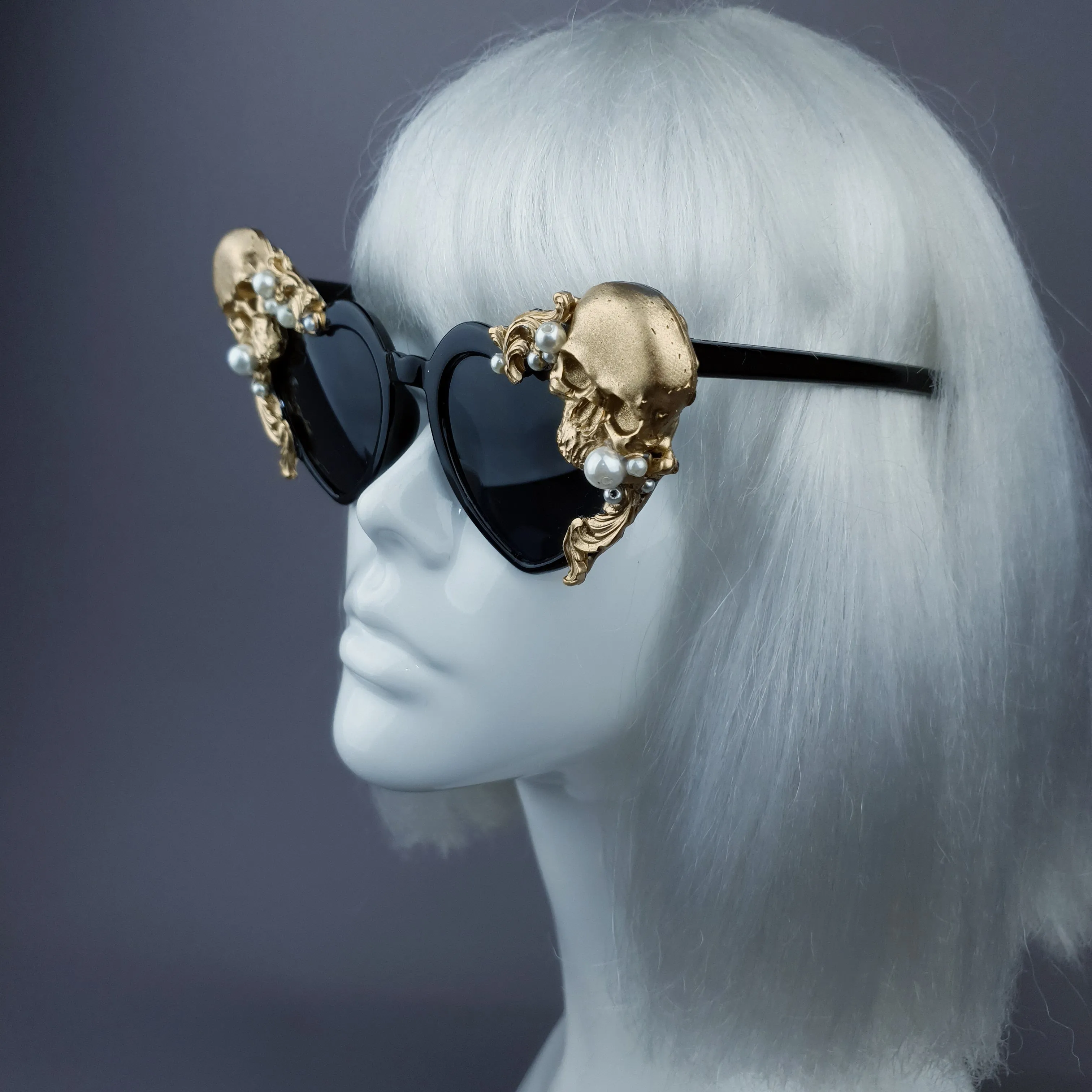 "Doom" Gold & Pearl Skull Black Heart Shaped Sunglasses