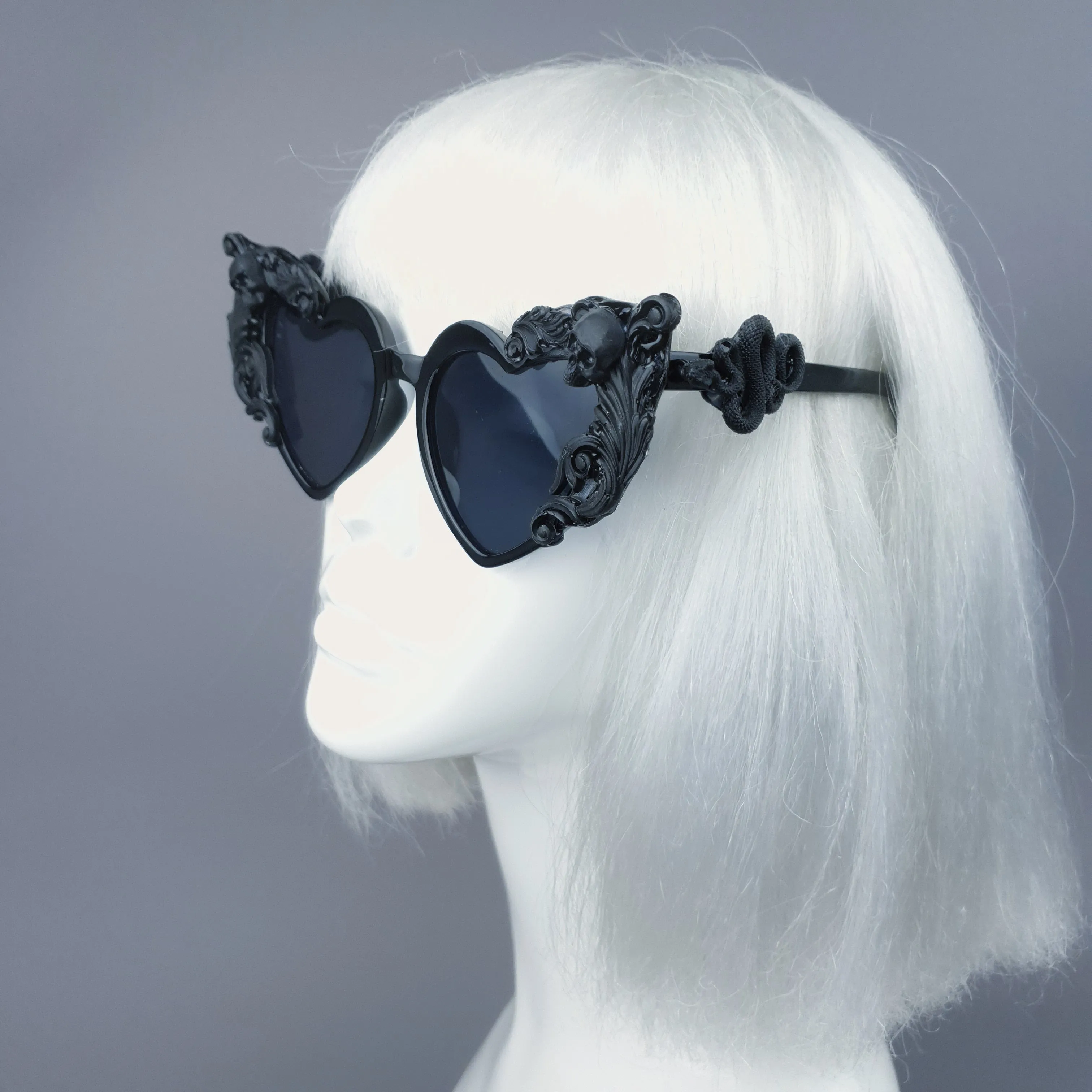 "Heart Breaker" Black Filigree Skull Heart Shaped Sunglasses