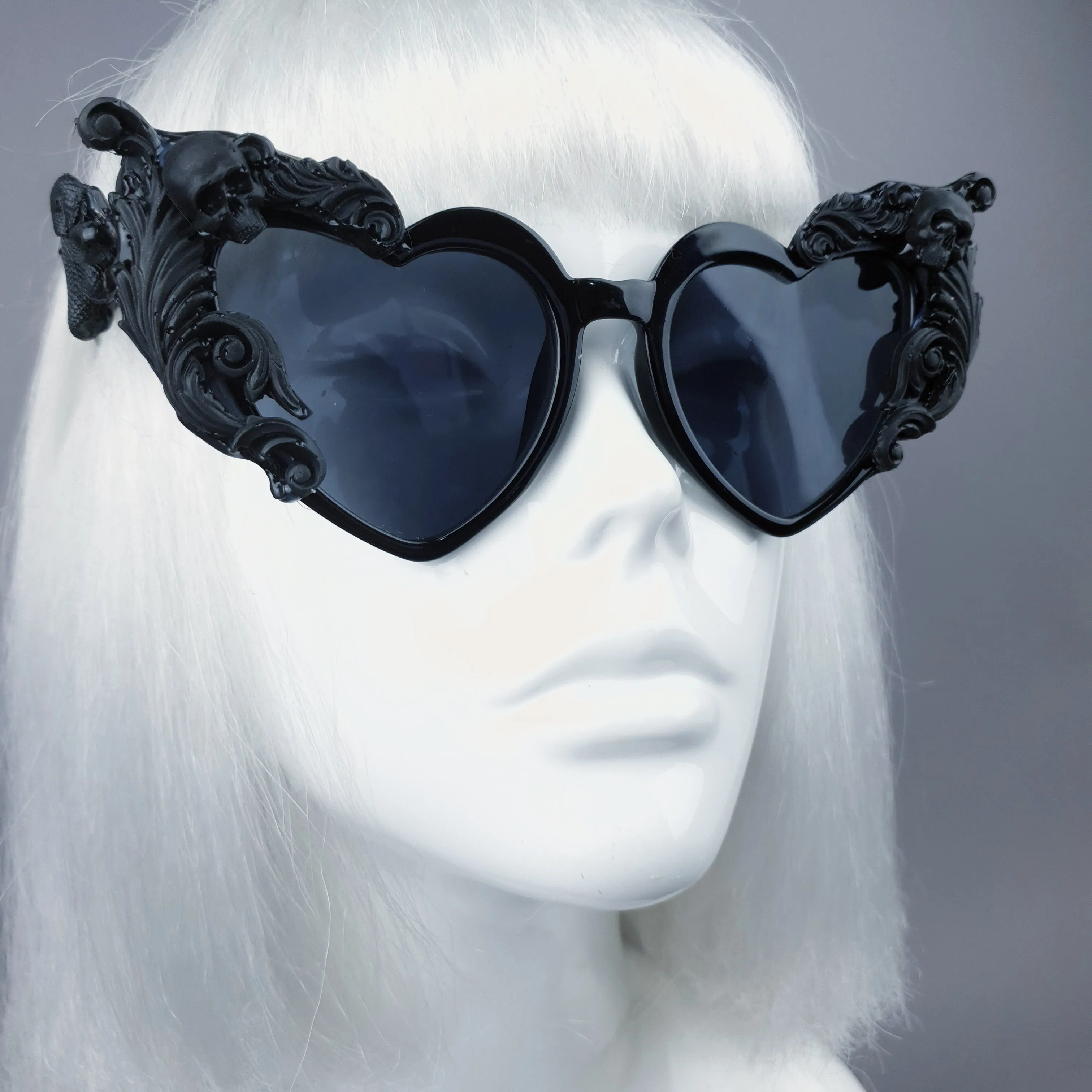 "Heart Breaker" Black Filigree Skull Heart Shaped Sunglasses