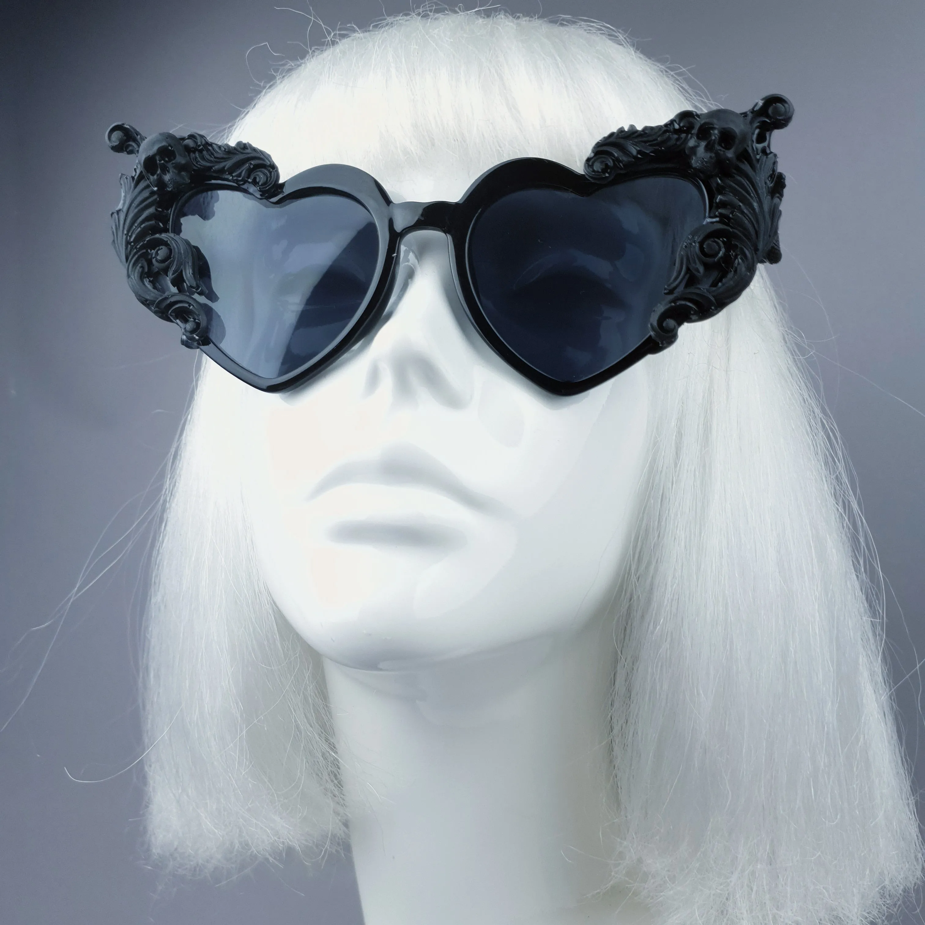 "Heart Breaker" Black Filigree Skull Heart Shaped Sunglasses