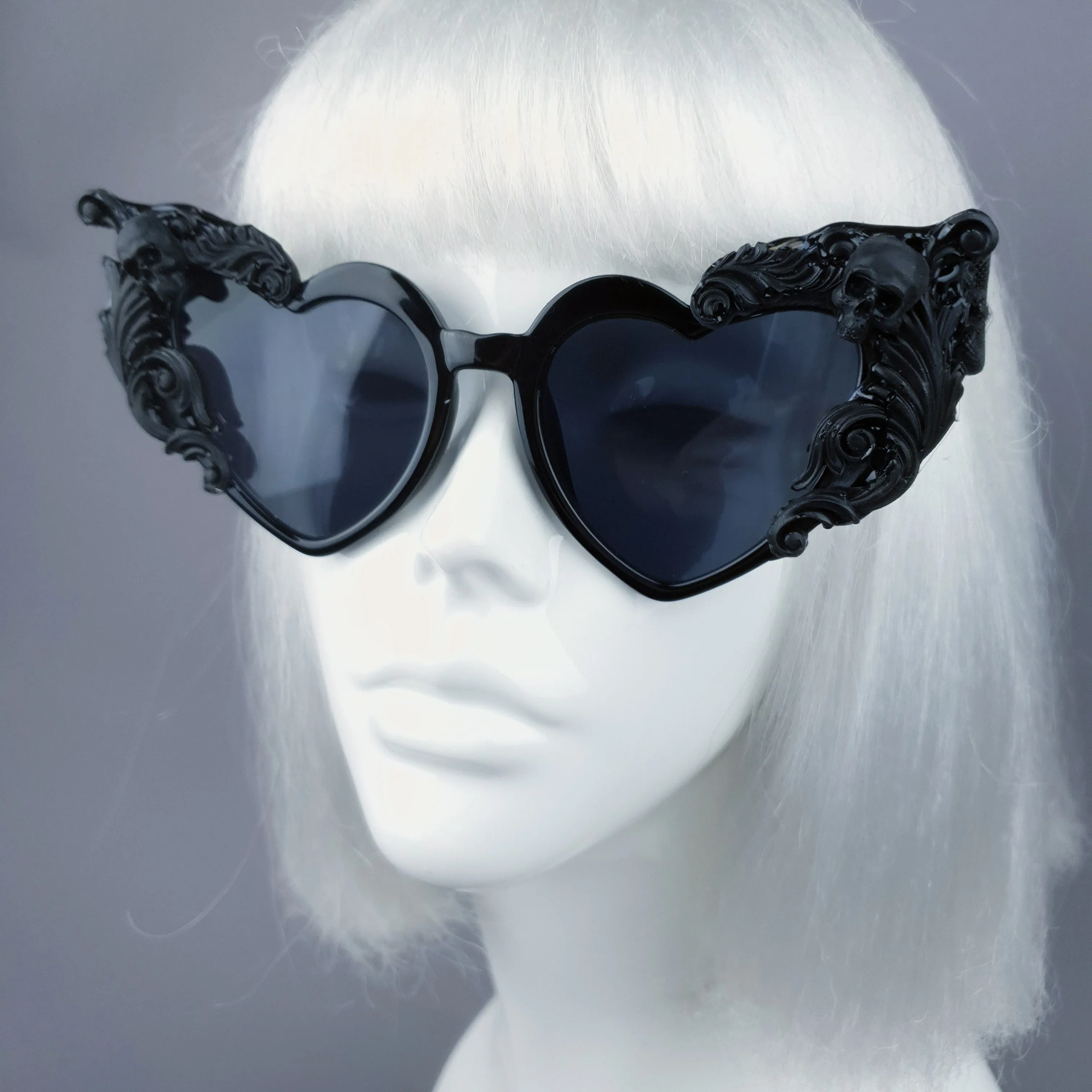 "Heart Breaker" Black Filigree Skull Heart Shaped Sunglasses