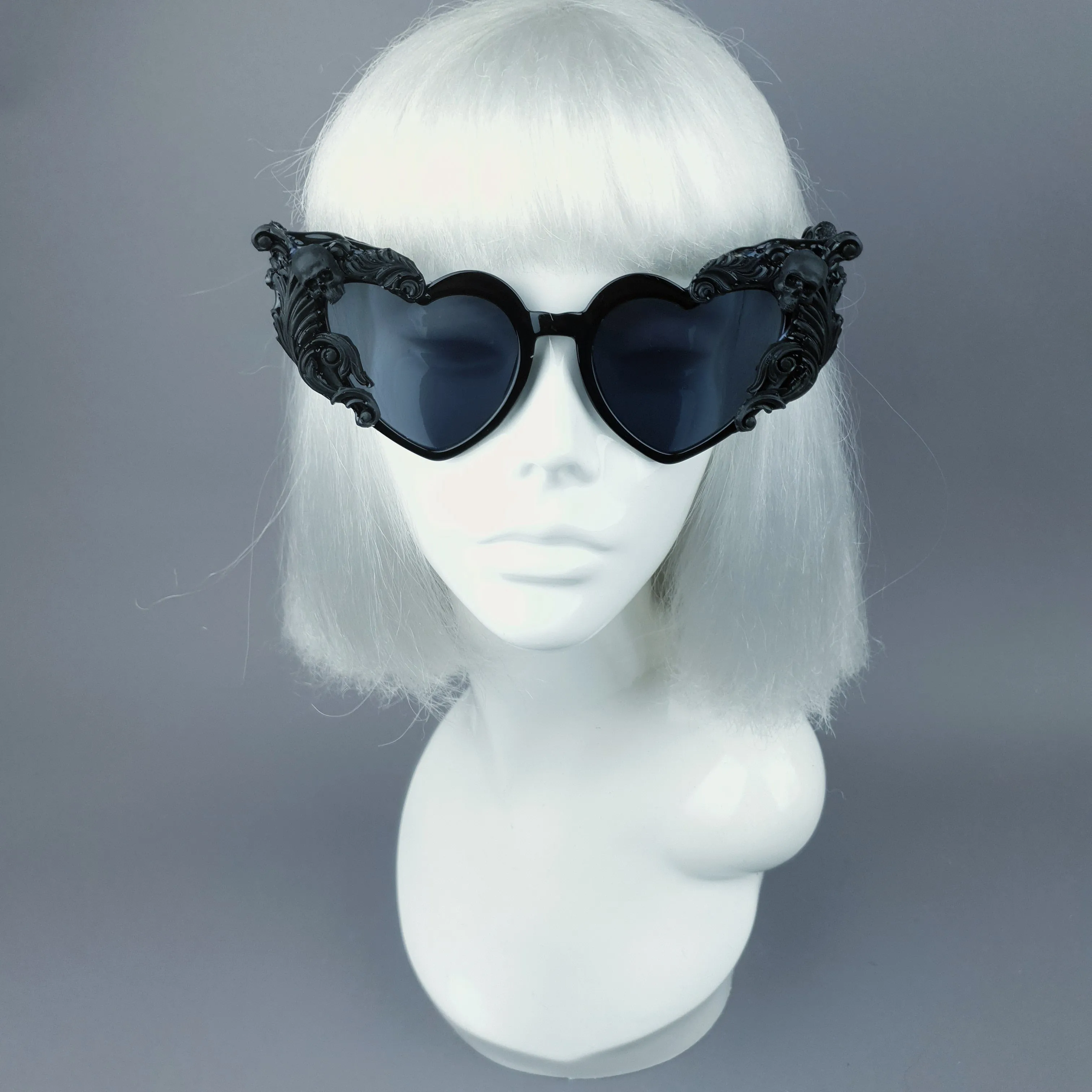 "Heart Breaker" Black Filigree Skull Heart Shaped Sunglasses