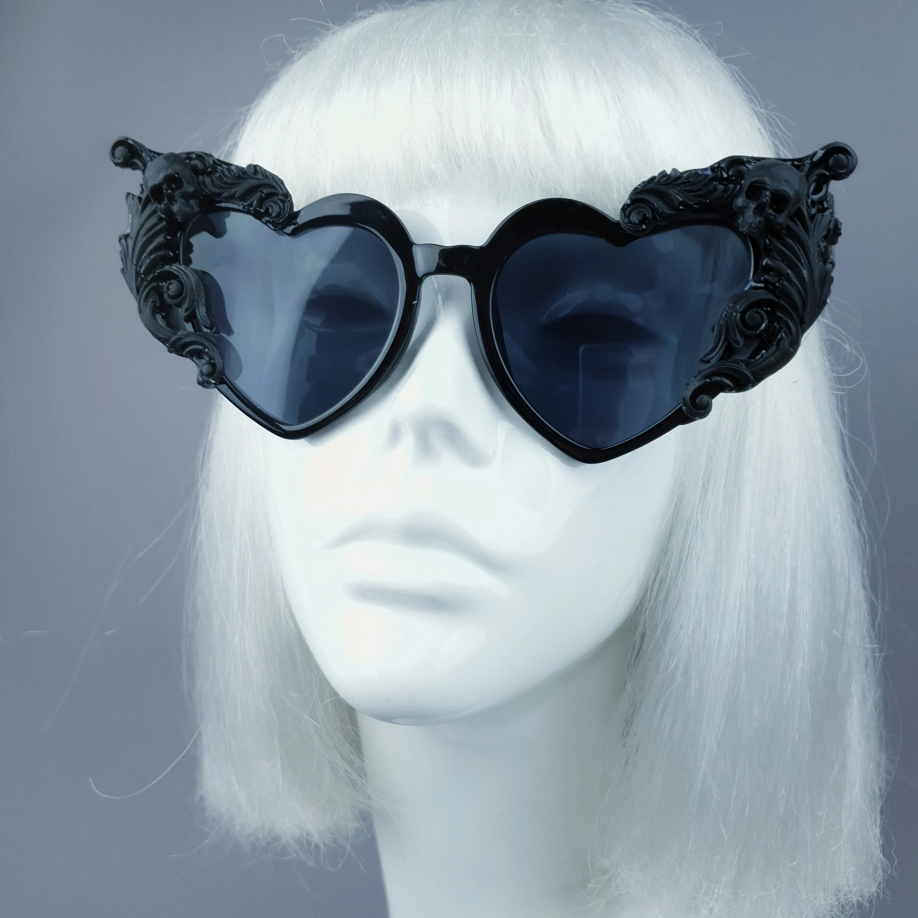 "Heart Breaker" Black Filigree Skull Heart Shaped Sunglasses