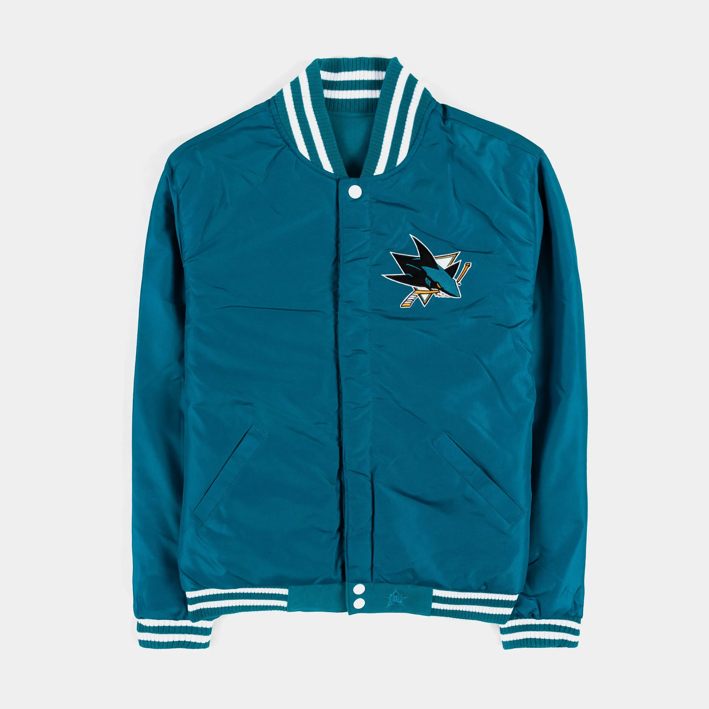 San Jose Sharks Reversible Letterman Mens Jacket (Teal/White)