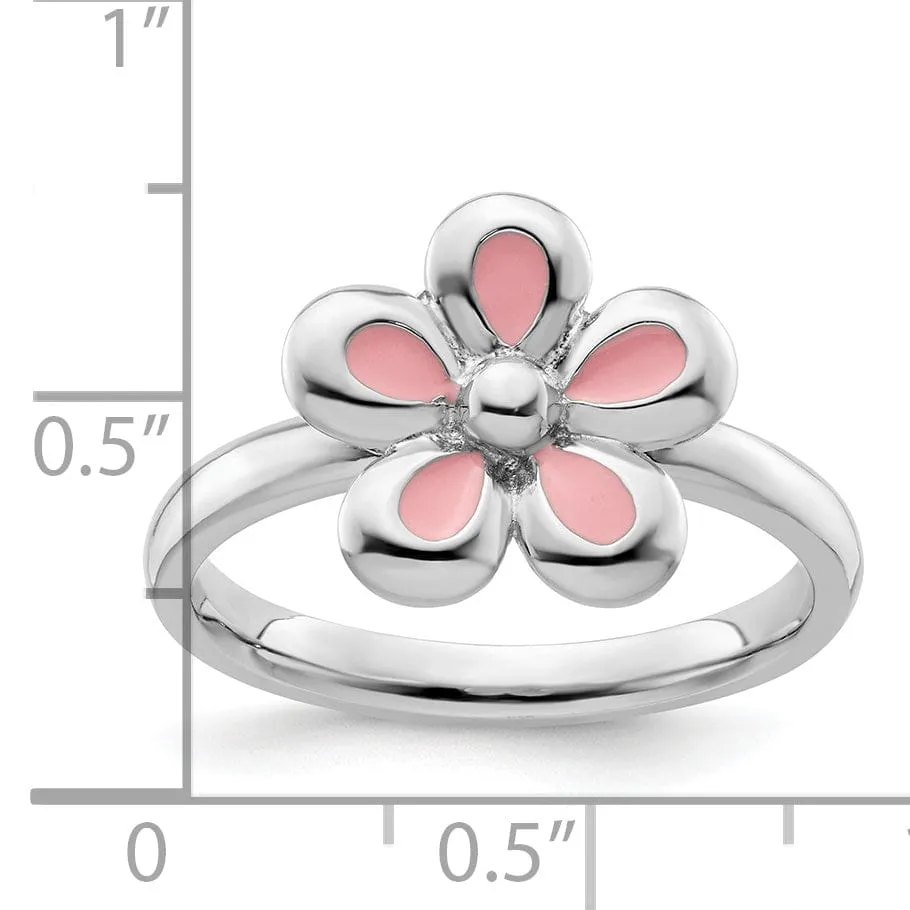 Sterling Silver Pink Enameled Flower Ring