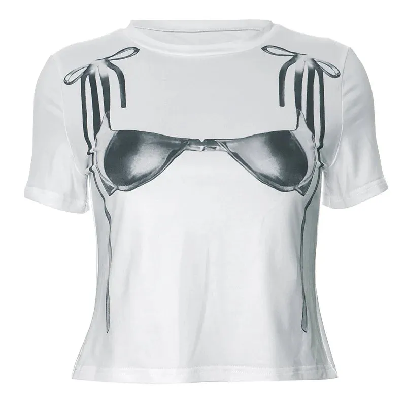 Sunglasses Printed Tshirt Graphic Tee Womens Summer Clothes 2024 Fashion Casual White Short Sleeve Crop Tops P85-AF11