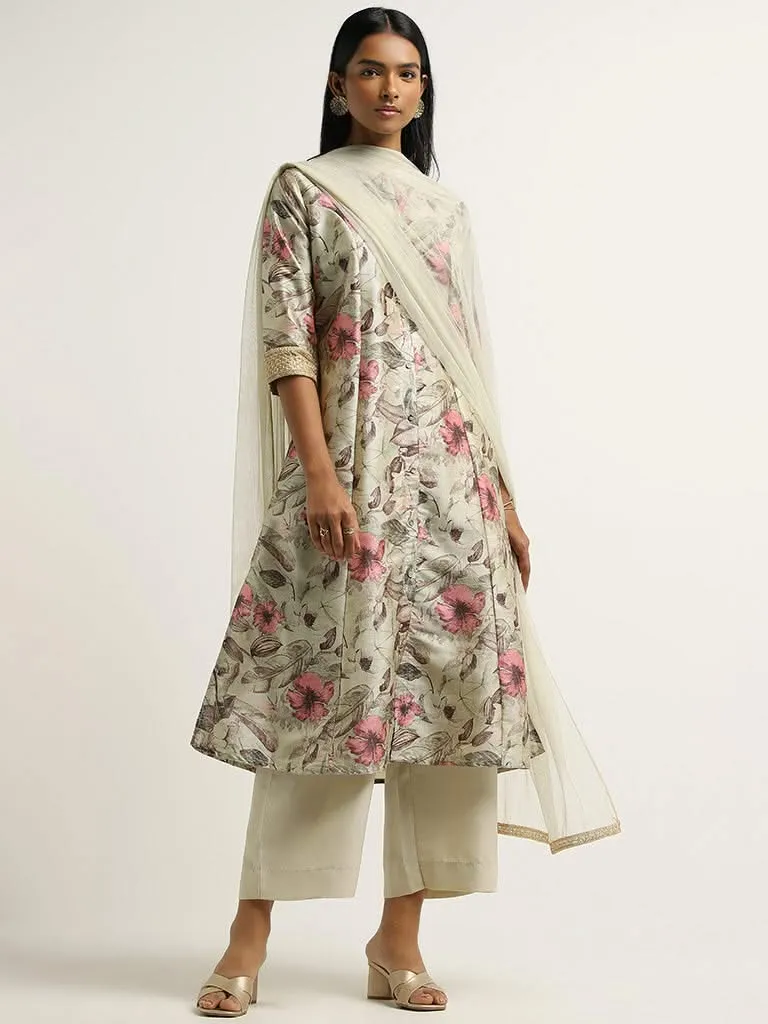 Vark Green Printed Kurta, Palazzos & Dupatta Set