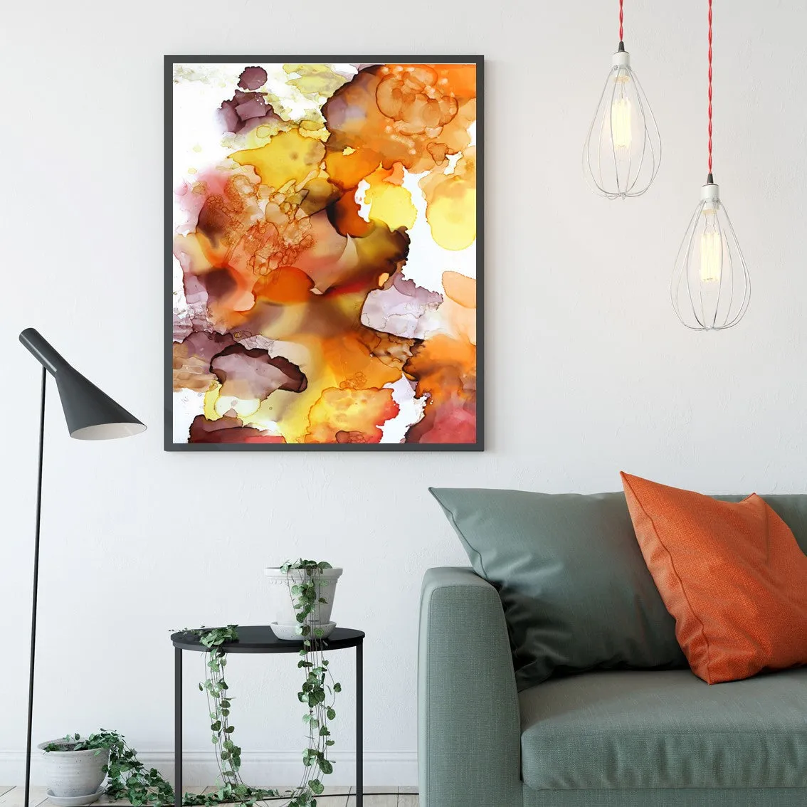 Vertical orange, yellow & brown abstract alcohol ink art print